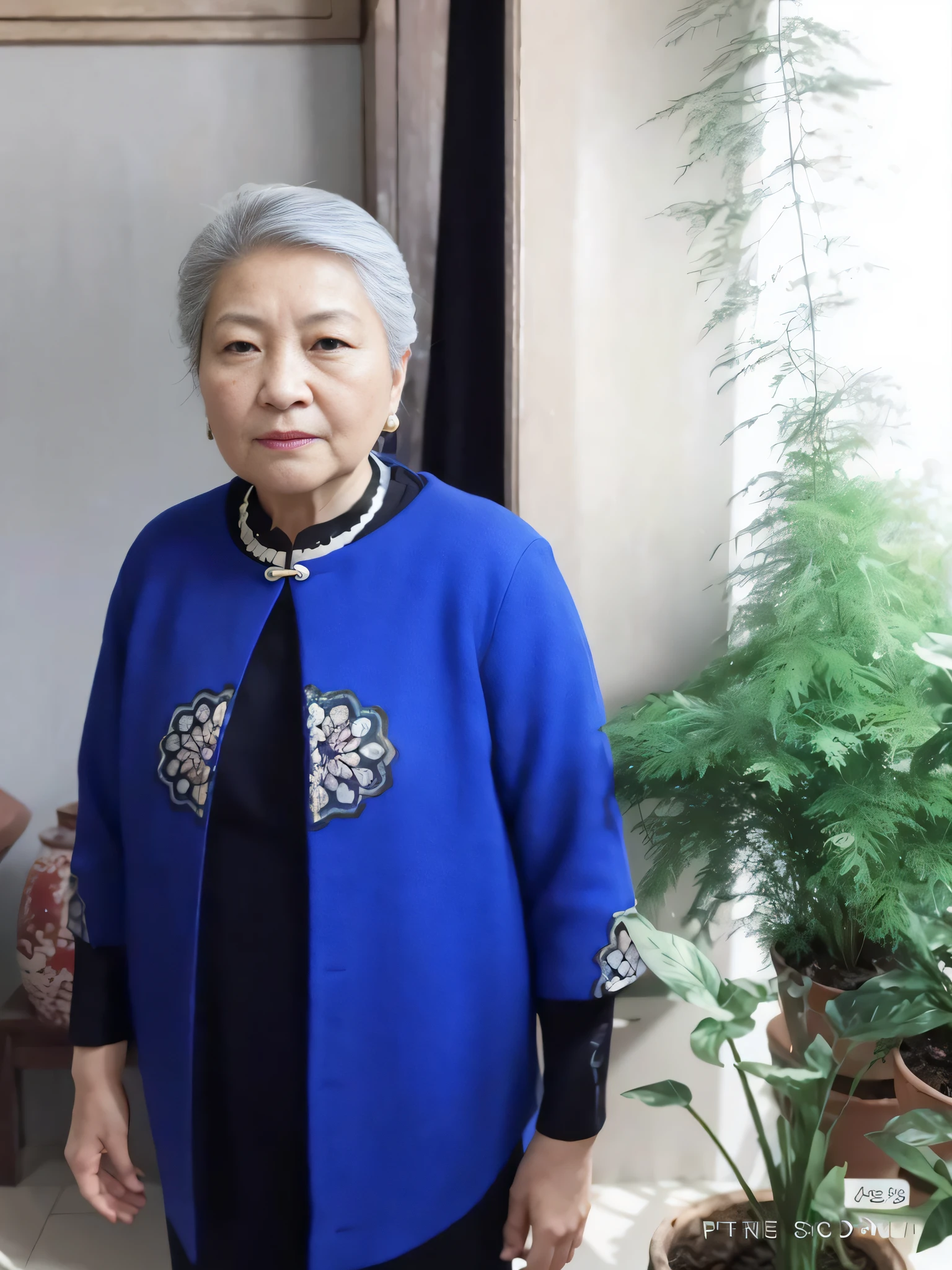 There was a woman standing in a room with plants, song nan li, she is about 7 0 years old, Yun Ling, yin zhen chu, Zhang Pengzhen, mei-ling zhou, Qiu Fang, inspired by Zhang Zeduan, inspired by Jiao Bingzhen, author li zhang, inspired by Lin Tinggui, inspired by Li Keran，Retina Screen，Vertical painting shadows，Perspectiva subjetiva，atmospheric distance sense，hyper HD，Textured skin，HighestQuali，high detal，The eyes are bright and alert，Ray traching，Multiple monochromes，Cinematic lighting effects，Star temperament，Chinese face