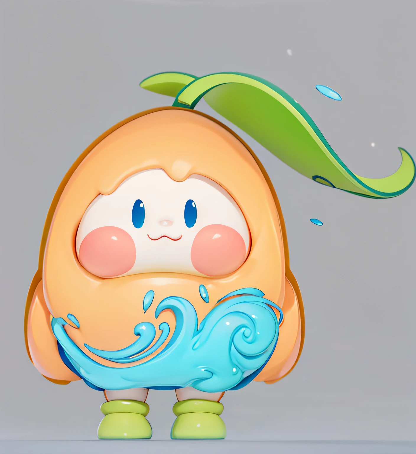 PopMart blind box IP,Front view,About the water apricot mascot,Water apricot leaves on the head,Water streaks,The apricot body stands naturally,Frontal whole body,Bubble Mart style,Clean and simple design,IP image,High-grade natural color scheme,Bright and harmonious,Lovely and colorful,Detailed character design,behans,Haipai style,organic sculpting,C4D style,3D animation style design,Cartoony,Fun character design,Ray traching,Children's book illustration style