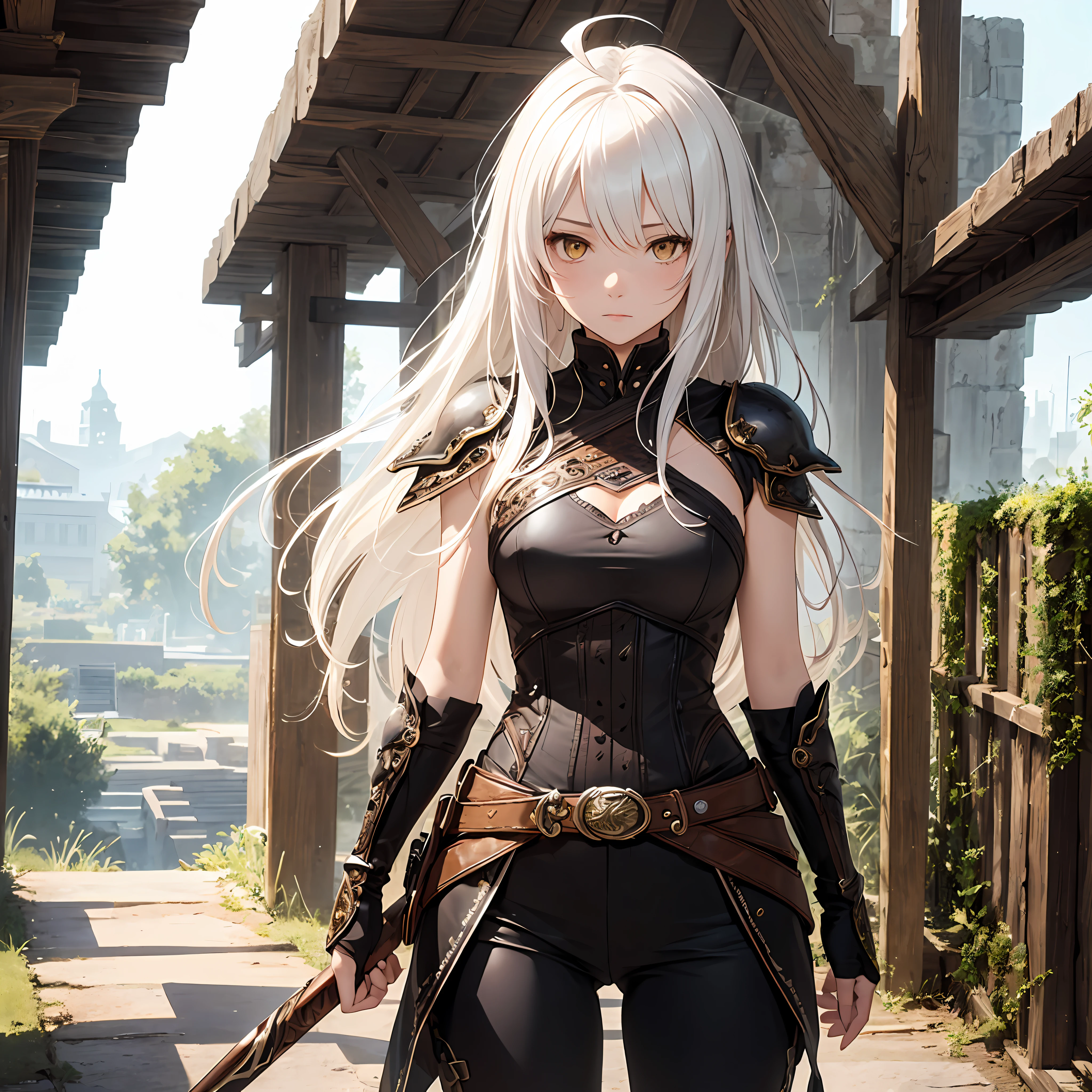(masterpiece, best quality), intricate details, solo , 1girl , CielLion, long hair,white hair,ahoge, yellow eyes, (( facing view )),((( cowboy shot ))) armor,rogue --auto