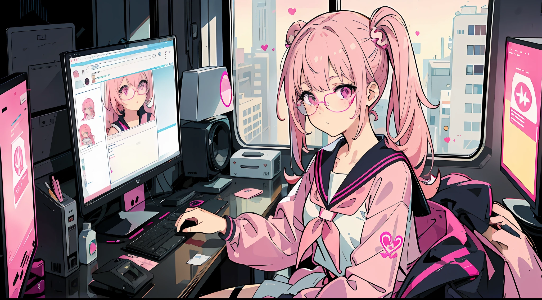 1girl in, Pink hair, Pink eyes, Glasses, Sailor Suit, Pink Cyberpunk, Room with many monitors, Pink fluorescent light