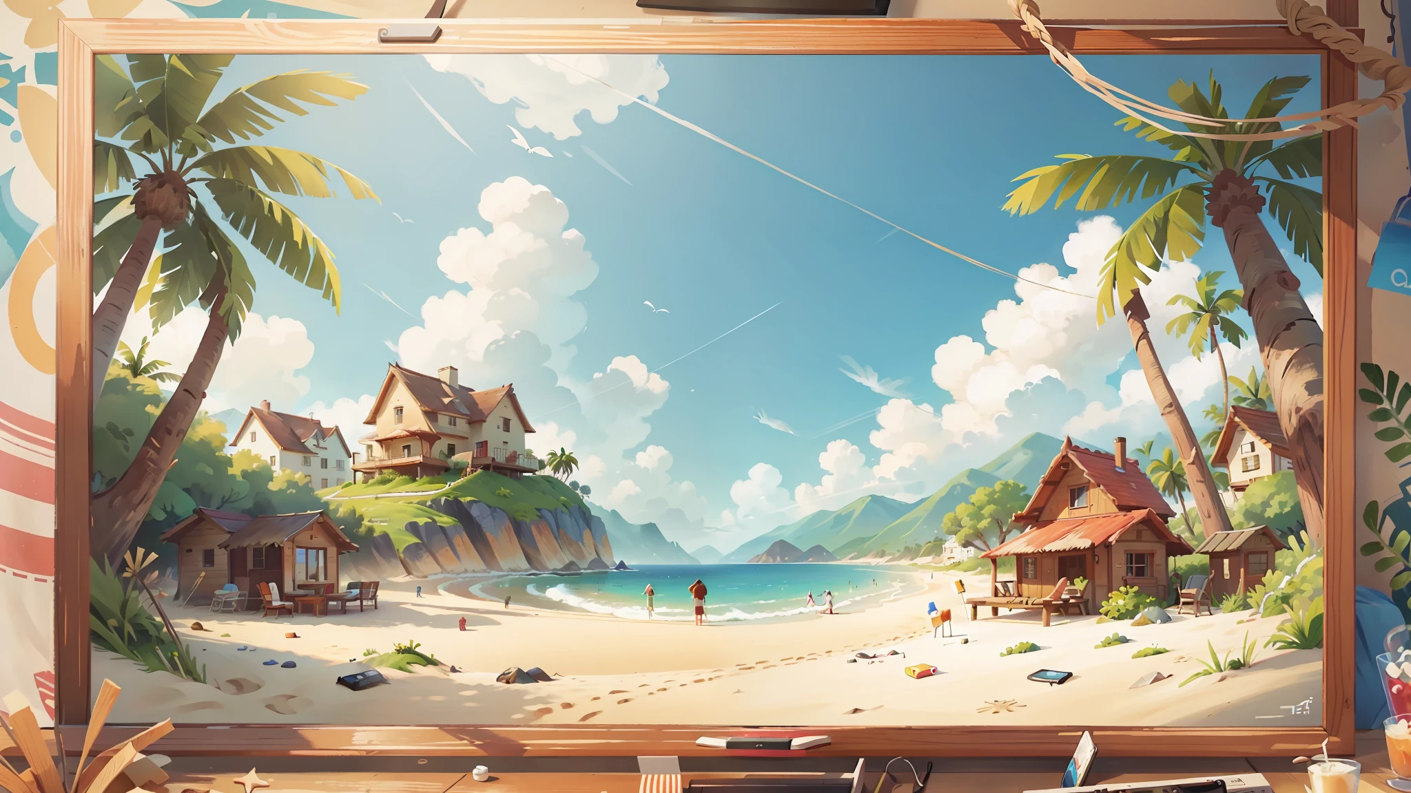 There is a picture of a picture frame,There are pictures of beach scenes on it, tv still frame, Background, Mobile game background, TV frame,