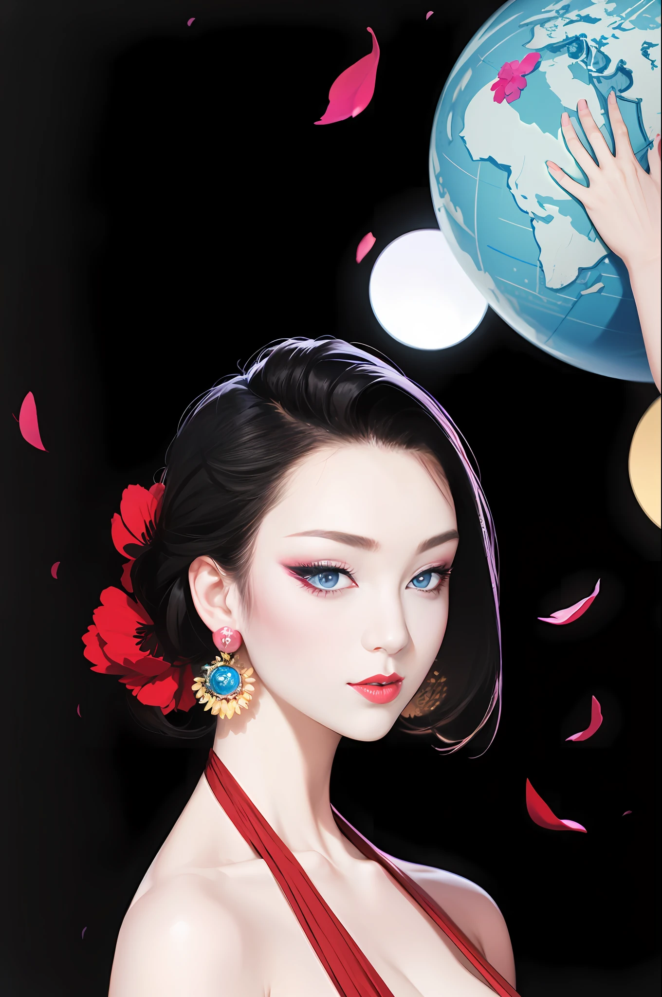 tsuruta ichiro, Narrow-eyed, 1girl in, Allback、shorth hair、brow、Reluctance、A dark-haired、Tucked Hair Solo, Cowgirl, onepiece, ((mideum breasts)), Thin slit eyes、blue grey eyes, Random colored hair, gloves, Dress, Jewelry, earrings, sharp eye、globe, elbow groves,Raise your hands and tie your hair back, random color, random color dress, From Side, makeup, Slender eyes、lip stick, Complex petal pattern, Rim Light, Back Light, pastel color,
