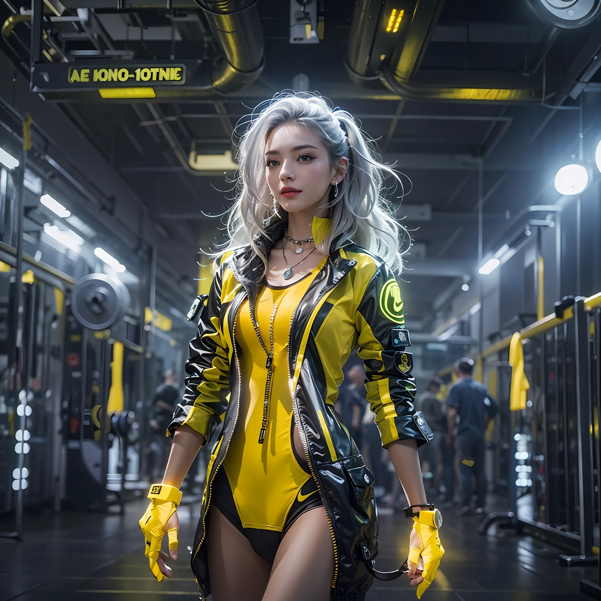 Best quality,tmasterpiece,Ultra-high resolution fills the picture,Indoor at night,Neon lights,Yellow color scheme,Rich yellow,Silver-gray hair,Yellow and white tights,Yellow and white color scheme clothing,the complex background,Weight instruments in the background,High-tech screen in the background,Lateral face,Smiling,Dress less,There are fitness elements in the rear,nike,nike,nike,Tech gym,Perfect makeup,Love eyes,8K quality,Cyberpunk,sense of science and technology,Character backlighting,rim-light,Movement changes,Flowing hairstyle,Loose hairstyle,The number of fingers is refined,6 avatar diagrams,Luminous stud earrings,Luminous digital necklace,Electronic digital watches,The most beautiful girl in mankind,Delicate close-up of the face,Realistic image quality,Super light and shadow,Very good figure,Meticulous,Arrow symbol,Brand sense,English slogan neon,Runway lights,Fitness gym at night