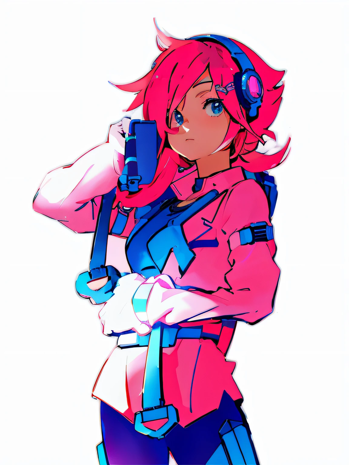 anime girl with pink hair and blue eyes holding a cell phone, humanoid pink female squid girl, 2 d anime style, Anime manga robot!! Anime girl, Female protagonist 👀 :8, neon operator, unknown artstyle, Fully robotic!! Girl, shining pink armor, cyberpunk anime girl mech, trigger anime artstyle, [ synthwave art style ]!! ]!!