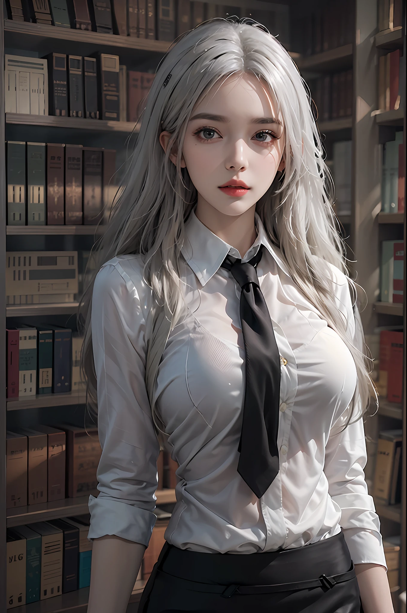 photorealistic, high resolution, 1 women, solo, hips_up, hips up, beautiful eyes, look at viewer, close lips, detailed face, white hair, long hair, collared shirt, black necktie,black skirt, pencil skirt, fur coat, stockings, library