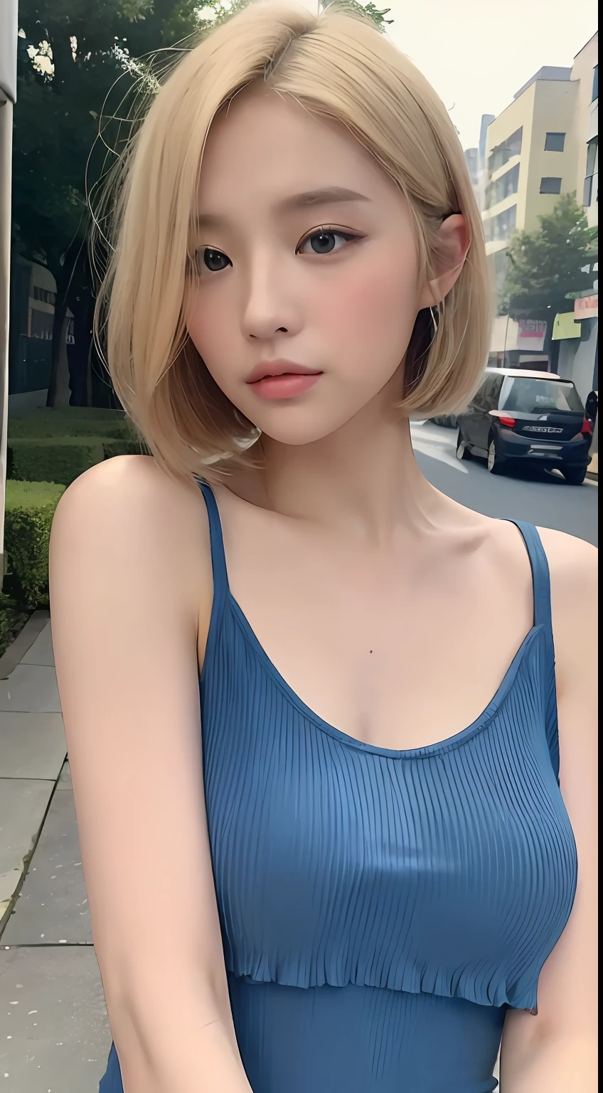 ((top-quality、8k、masterpiece:1.3))、foco nítido:1.2、perfectbodybeauty:1.4、Slim abs:1.2、((Layered Hair Style:1.2))、(tanktop shirt:1.1)、(street:1.2)、Highly detailed facial and skin texture、Narrow-eyed、二重まぶた、High Tone Bob、High-tone color、a blond、Blonde Beauty、short-hair、shorth hair