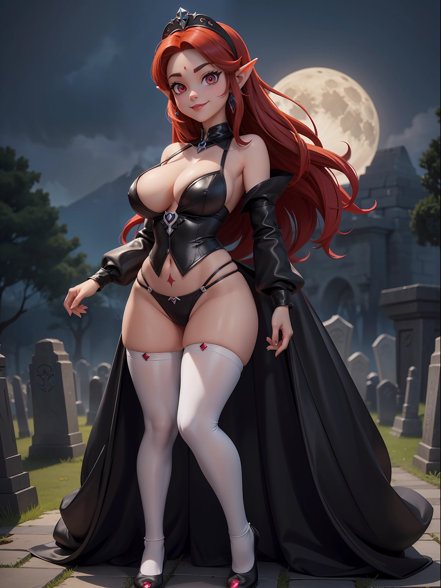 Princess Zelda Rogue, wearing extremely sexy black maid costume with extremely tight and tight white shorts on the body, extremely sensual, blood on the body and on the floor, exaggeratedly large breasts, very sensual body, looking at the viewer, smiling, doing sensual pose, mohawk short red hair, sparkling red eyes, macabre graveyard, is at night, fog, skulls on the ground,  tombstones, terrifying weather, a full moon in the sky, ((((full body))), 16k, UHD, Better quality, better resolution, better detail