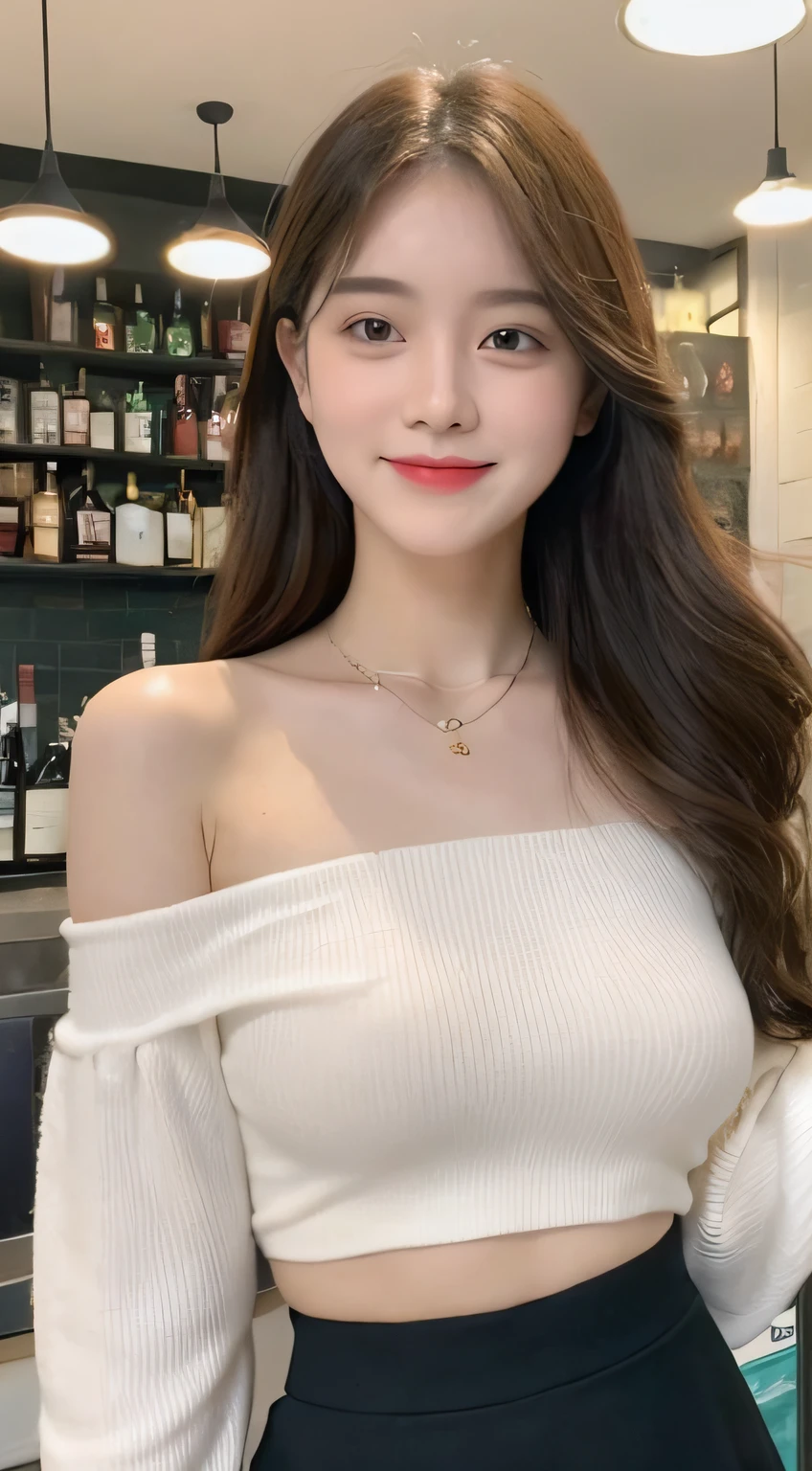 A superb exquisite real beautiful girl, golden long curly hair, extremely exquisite facial features, peerless beautiful girl, collarbone off-the-shoulder, white crop top shirt, black JK skirt, exposed legs, sweet smile, soft, dreamy quality, light white and dark brown, exaggerated facial features, solid color, frank off-white, surreal, blue gemstone necklace, ultra-clear, beautiful young girl, cute and lively, super short leggings, background at the bar counter