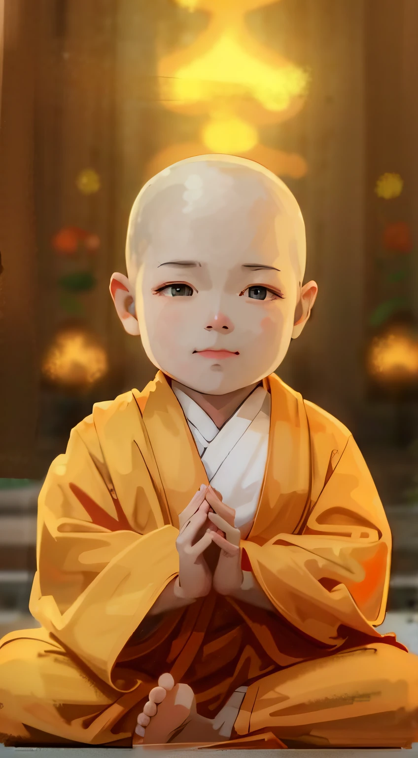 Close-up of a child sitting on the ground in a monk's costume, monk clothes, he is greeting you warmly, yellow robes, Yellow robe, with yellow cloths, buddhist monk, blessing hand, dressed in simple robes, Buddhist, monk, ancient japanese monk, lovely digital painting, monk meditation, ruan jia beautiful!, Yan, monk, avatar aang