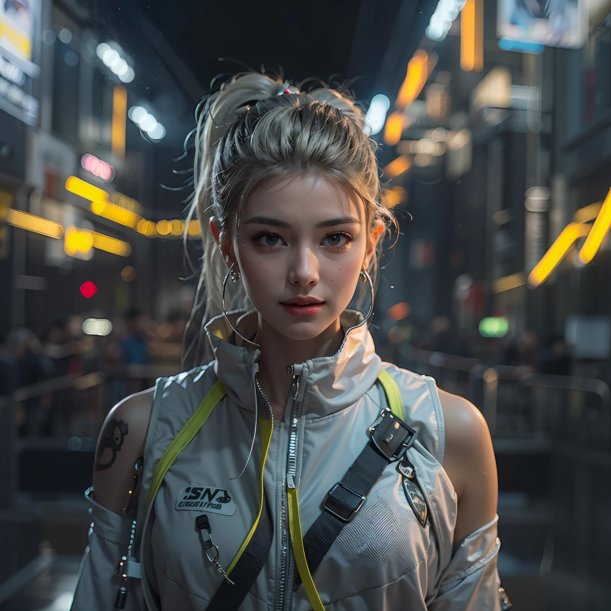 Best quality，tmasterpiece，Ultra-high resolution fills the picture，Indoor at night，Neon lights，Yellow color scheme，Rich yellow,Silver-gray hair，Yellow and white tights，Yellow and white color scheme clothing,the complex background，Weight instruments in the background，High-tech screen in the background，Lateral face，Smiling，Dress less，There are fitness elements in the rear，nike，nike,nike,Tech gym，Perfect makeup，Love eyes，8K quality，Cyberpunk，sense of science and technology，Character backlighting，rim-light，Movement changes，Flowing hairstyle，Loose hairstyle,The number of fingers is refined，6 avatar diagrams，Luminous stud earrings，Luminous digital necklace，Electronic digital watches，The most beautiful girl in mankind，Delicate close-up of the face，Realistic image quality，Super light and shadow，Very good figure，Meticulous，Arrow symbol，Brand sense，English slogan neon，Runway lights，Fitness gym at night