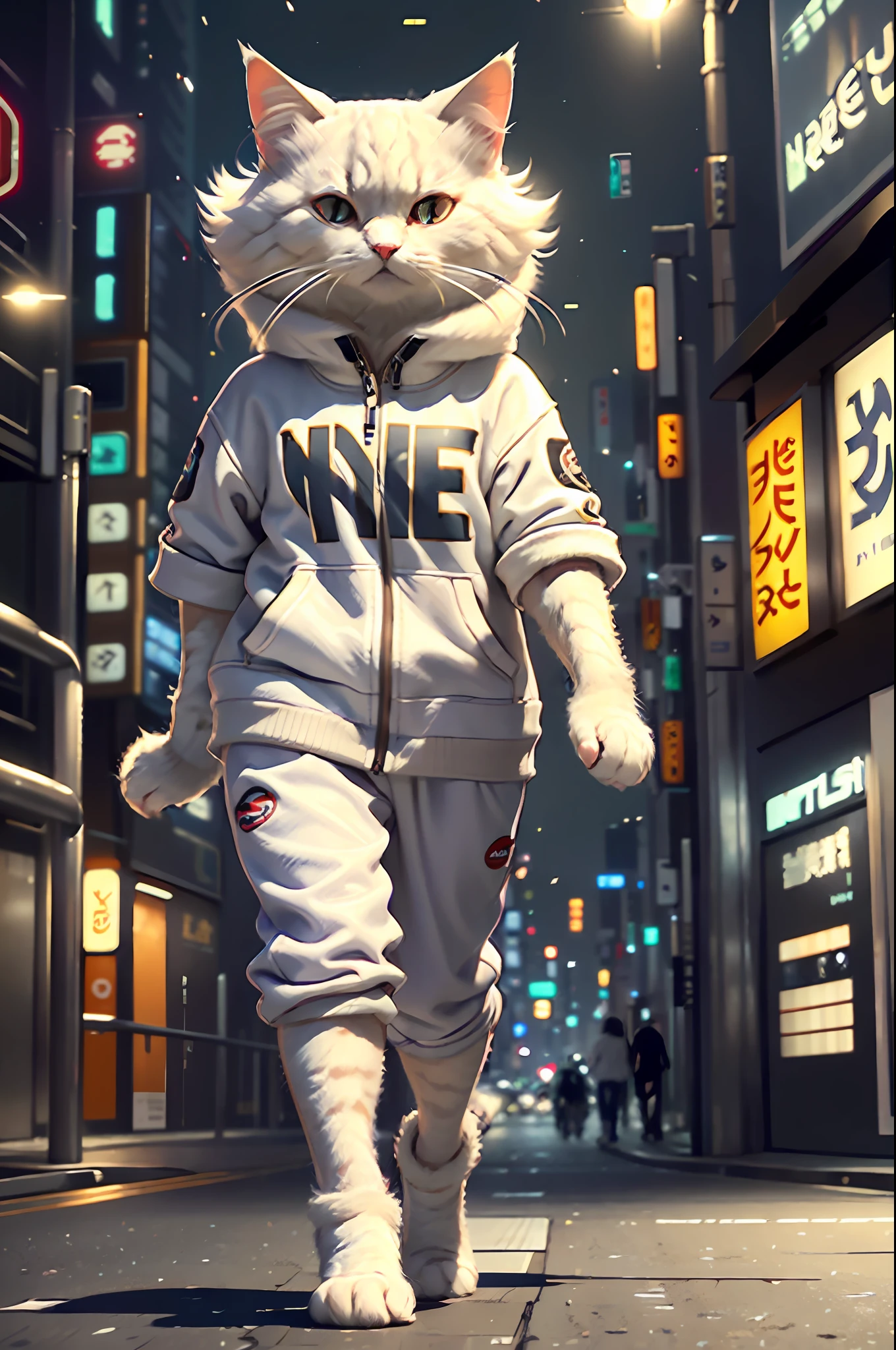 White female c4ttitude, Attentive eyes ,fur, challenger, agile, engaging, Fashion clothing,nylon, Fast paws,walking at street, (Tokyo Night Street Background 2021),Masterpiece, Best quality, Ultra-detailed,8K wallpaper,Hyper-Resolution， Unreal 5