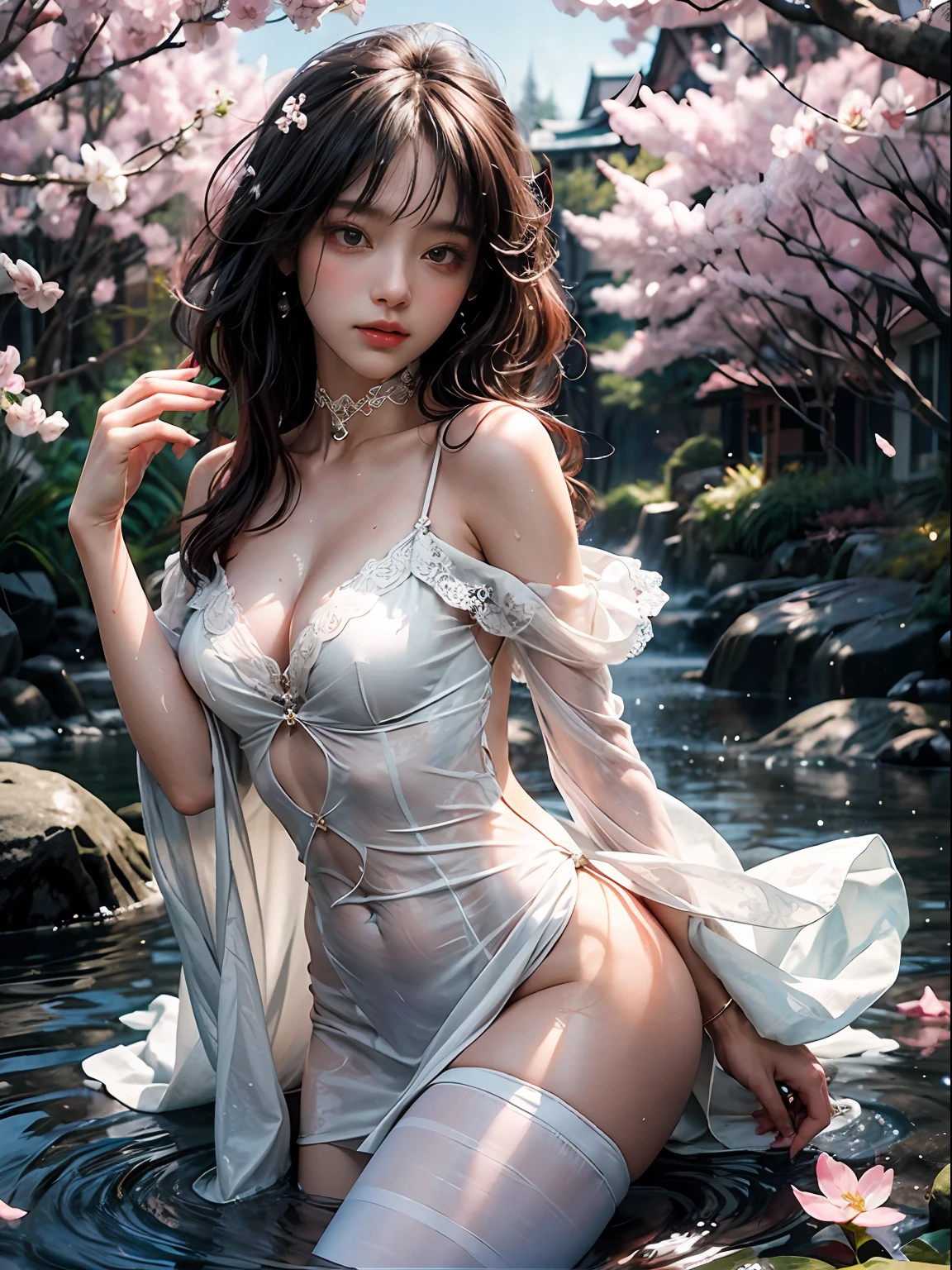 loose outfit、Show shoulders、Red and bright string dresses、How to wear brightly colored gowns、Decorated with intricate patterns and bright colors、Transparent material that makes the skin shine、Artistic depiction of seductive woman in gown with wet thin cloth and transparent skin, Floral and fantastic pattern with flowing silky traditional see-through skin。Her dress draped elegantly around her curvaceous figure、Emphasizes her charming silhouette。She's a gentle fireworks night、Dynamic Posing、Sexy Posing、bathed in the soft glow of moonlight。The scene is、With a hint of mystery and sensuality、It exudes an ethereal dreamy atmosphere。The image style is、Incorporates a blend of watercolor and digital illustration techniques.、It makes you feel delicate beauty and charm。Soft moonlit lighting、Cast gentle highlights and shadows on her mesmerizing features。Dynamic Posing、Bold poses、The hand is somewhere、see -through、show through、A sexy、Wet hair、Wet、(cherry trees、flower petals、cherryblossom、The cherry tree、Sakura Snowstorm 1.5)、buried、Transparent skin、Wet clothes、(Chest 1.2)、Navel Ejection、Swaying in the wind、Burgundy、pale red、(Slouch 1.5)、Lace colors、lace choker、a choker、Lie on your back on the surface of the water、Hair spreads a lot、Hair spreading in the wind、garterbelts、knee high socks