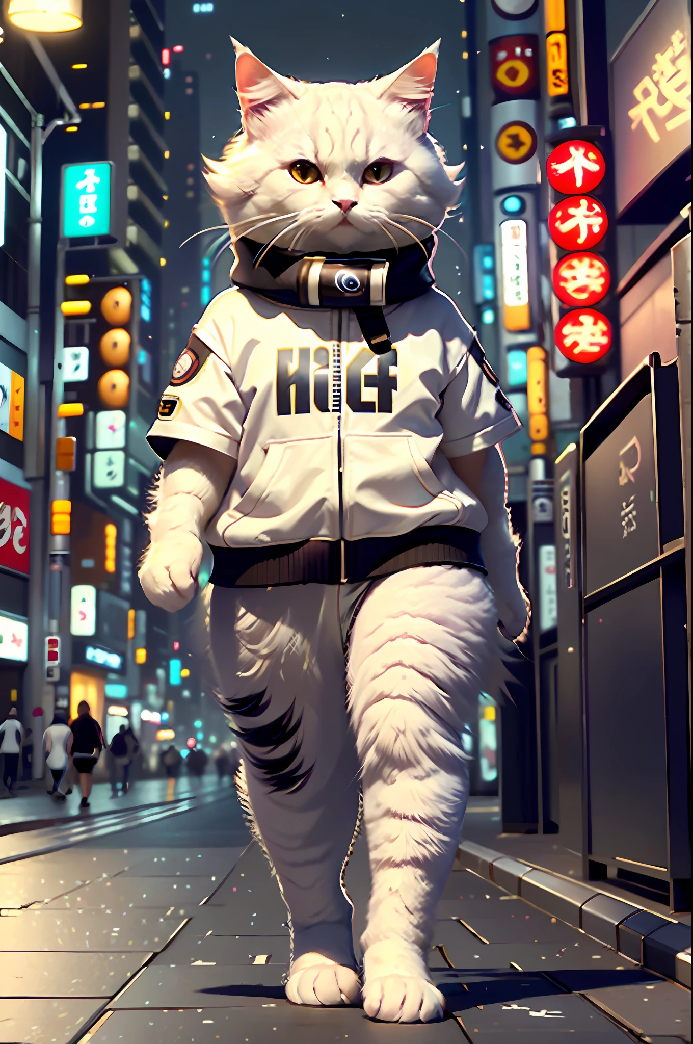 White female c4ttitude, Attentive eyes ,fur, challenger, agile, engaging, Fashion clothing,nylon, Fast paws,walking at street, (Tokyo Night Street Background 2021),Masterpiece, Best quality, Ultra-detailed,8K wallpaper,Hyper-Resolution， Unreal 5