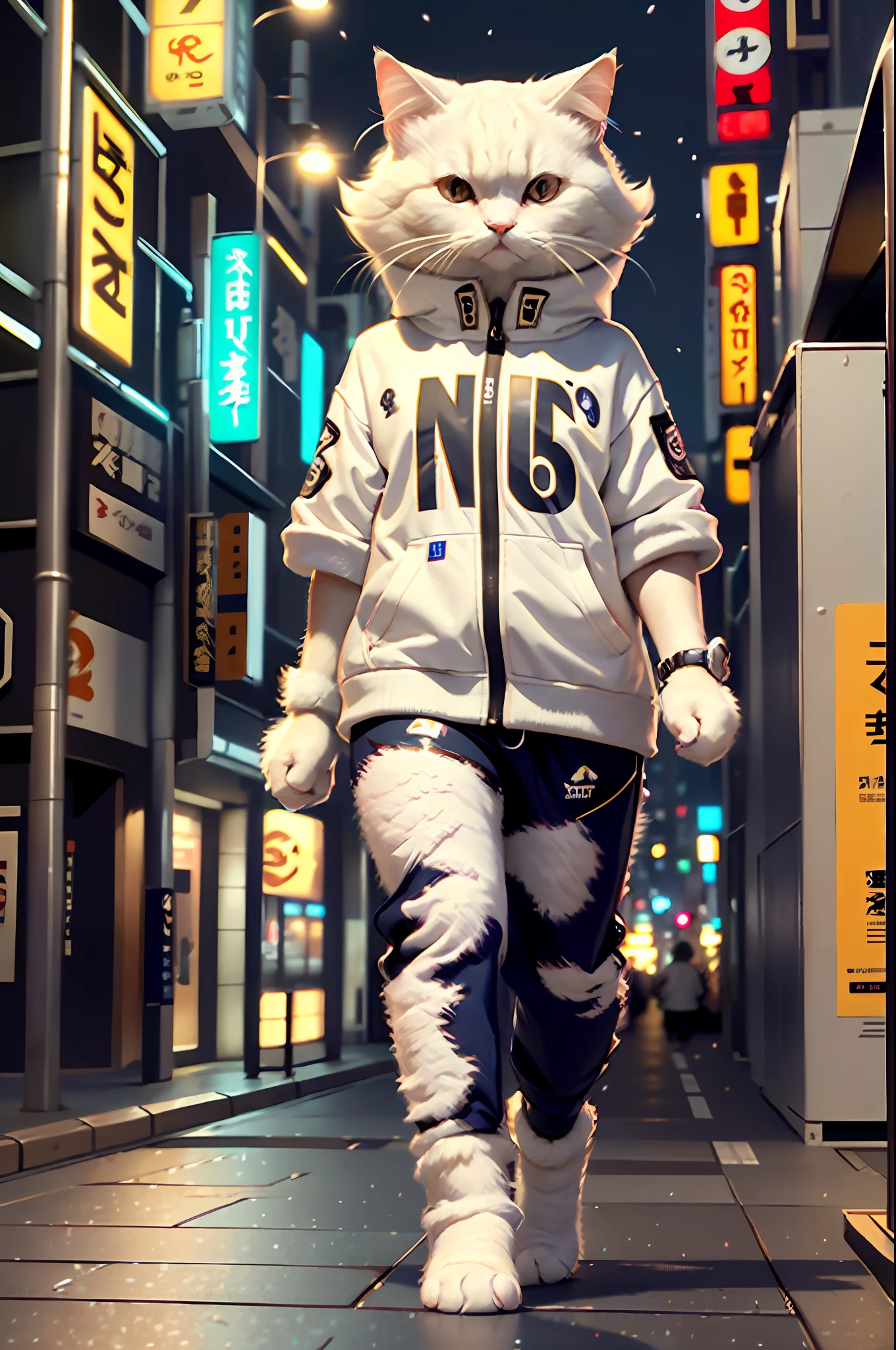White female c4ttitude, Attentive eyes ,fur, challenger, agile, engaging, Fashion clothing,nylon, Fast paws,walking at street, (Tokyo Night Street Background 2021),Masterpiece, Best quality, Ultra-detailed,8K wallpaper,Hyper-Resolution， Unreal 5