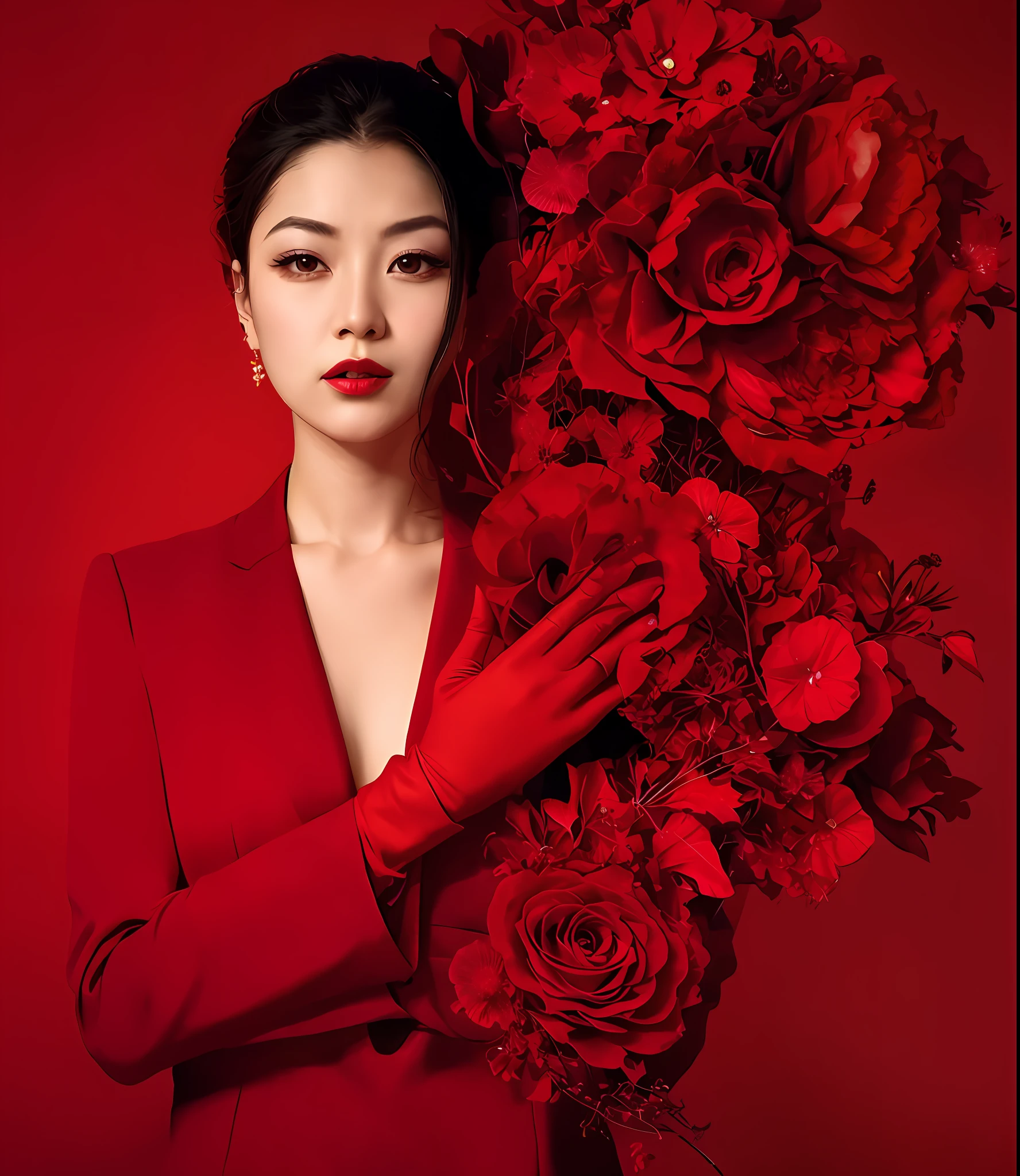 Arafard image of a woman in a red suit and gloves, All red, rich red colors, red mood in background, Zhang Jingna, vibrant red colors, digital art of an elegant, Very red, rich red, inspired by Zhang Yan, shades of red, red colour, Fine details. Red, only red colour, Inspired by Jiang Ting,The big red flower blocks half of the face