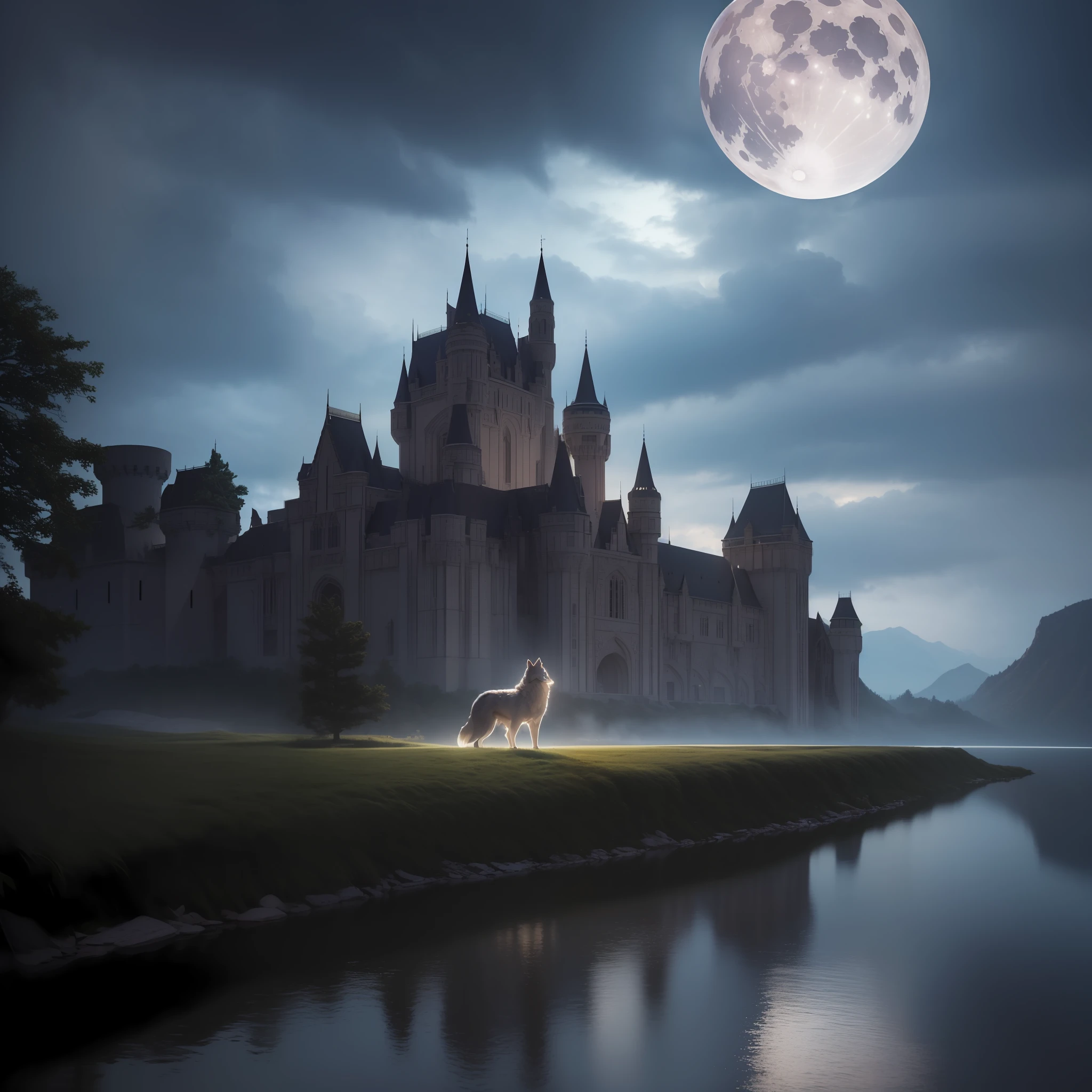 arafed, high details, best quality, 8k, [ultra detailed], masterpiece, best quality, (extremely detailed), dynamic angle, ultra wide shot, RAW, photorealistic, a picture of  a wolf howling in front of a dark castle at night in the middle of a storm, [[lightninng storm]] (1.5 intricate details, Masterpiece, best quality) moon light, lake ( (1.5 intricate details, Masterpiece, best quality), castle reflection in lake  (1.5 intricate details, Masterpiece, best quality), dynamic angle, (1.4 intricate details, Masterpiece, best quality) 3D rendering, high details, best quality, highres, ultra wide angle