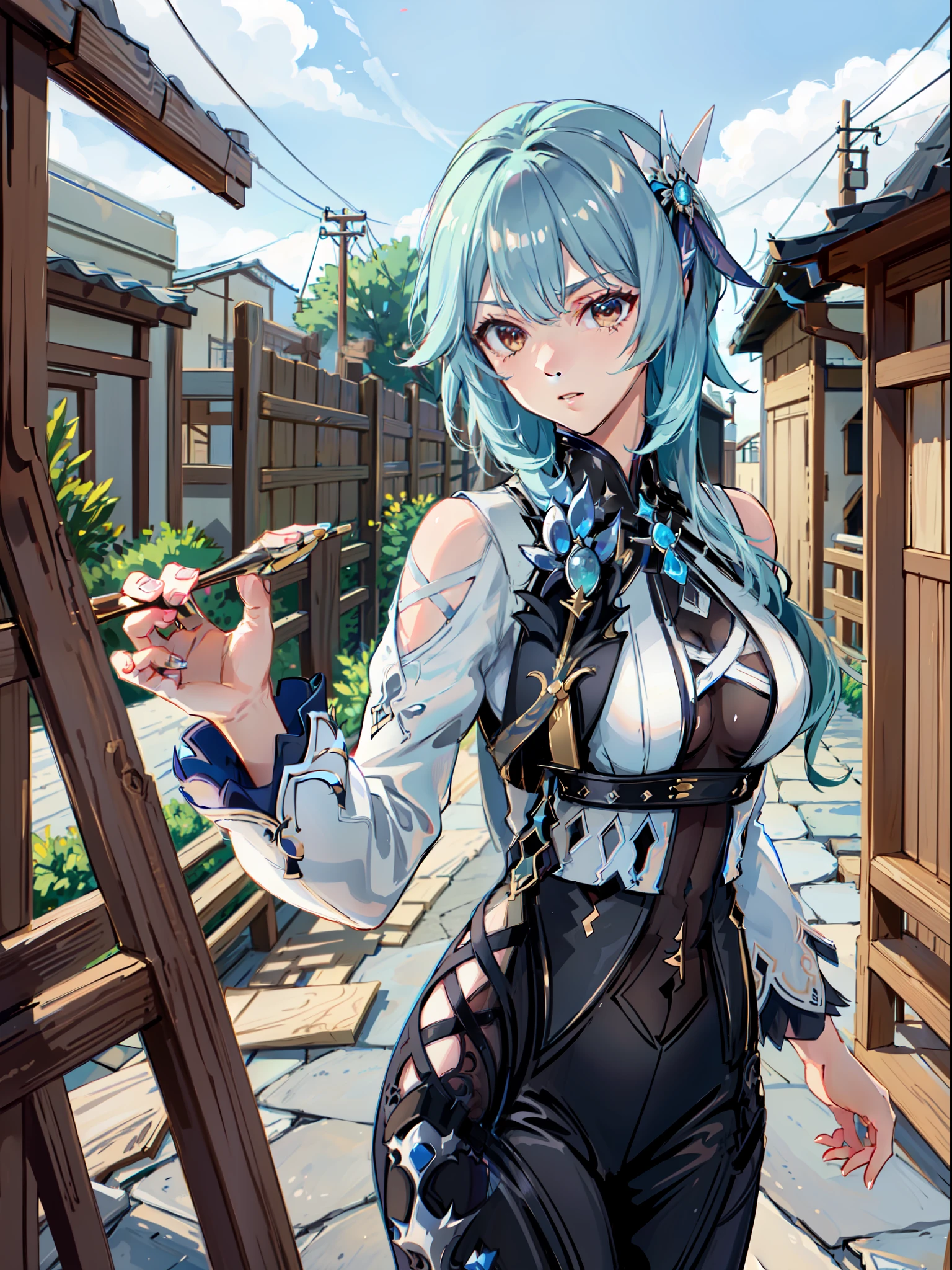 (eula, /genshin impact/), walking in a medieval age city, striking a dynamic pose, candidly. (masterpiece), (perfect face), (perfect hand), (symetrical face proportions), (best quality) --4K --UHD