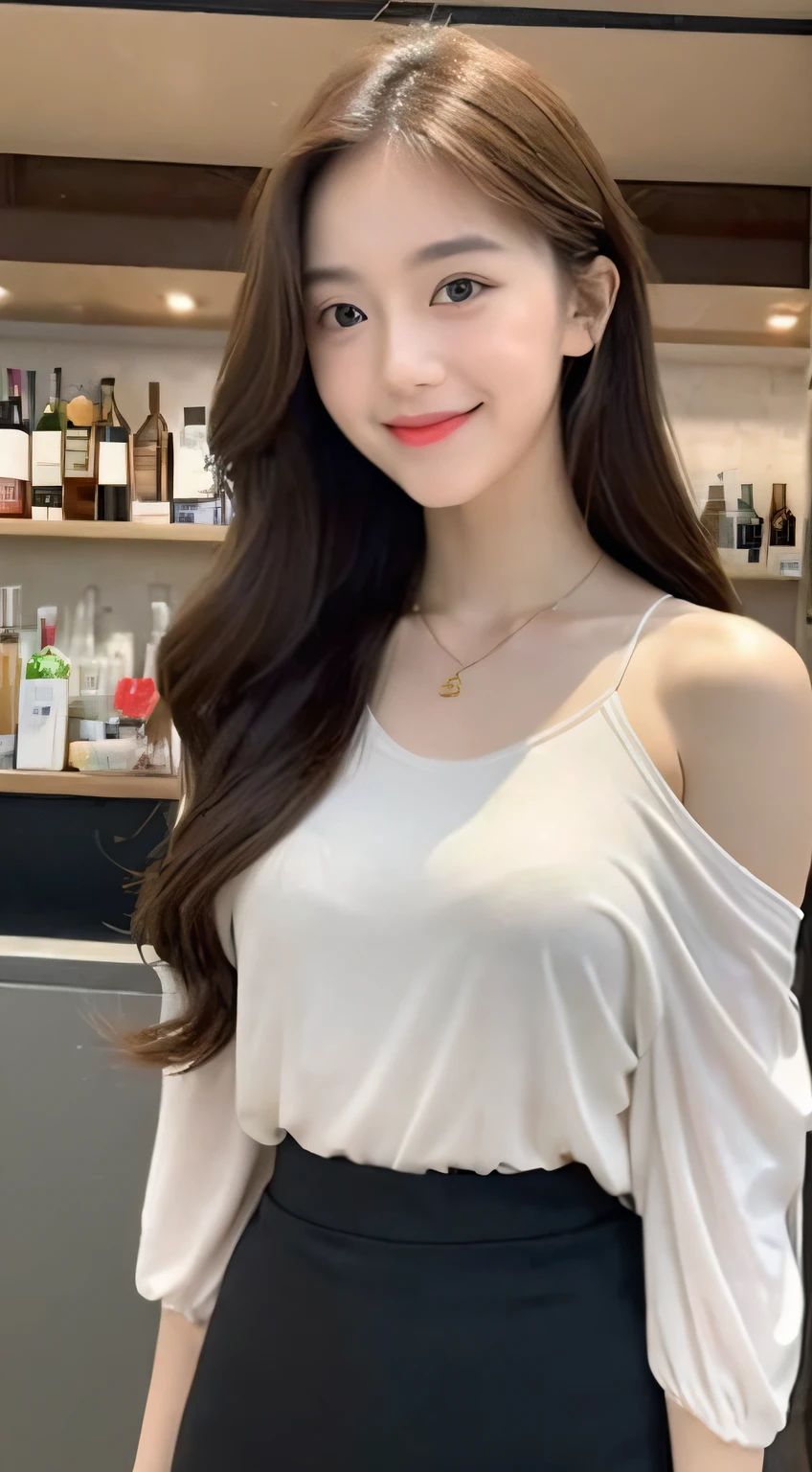 A superb exquisite real beautiful girl, golden long curly hair, extremely exquisite facial features, peerless beautiful girl, collarbone off-the-shoulder, white crop top shirt, black JK skirt, exposed legs, sweet smile, soft, dreamy quality, light white and dark brown, exaggerated facial features, solid color, frank off-white, surreal, blue gemstone necklace, ultra-clear, beautiful young girl, cute and lively, super short leggings, background at the bar counter