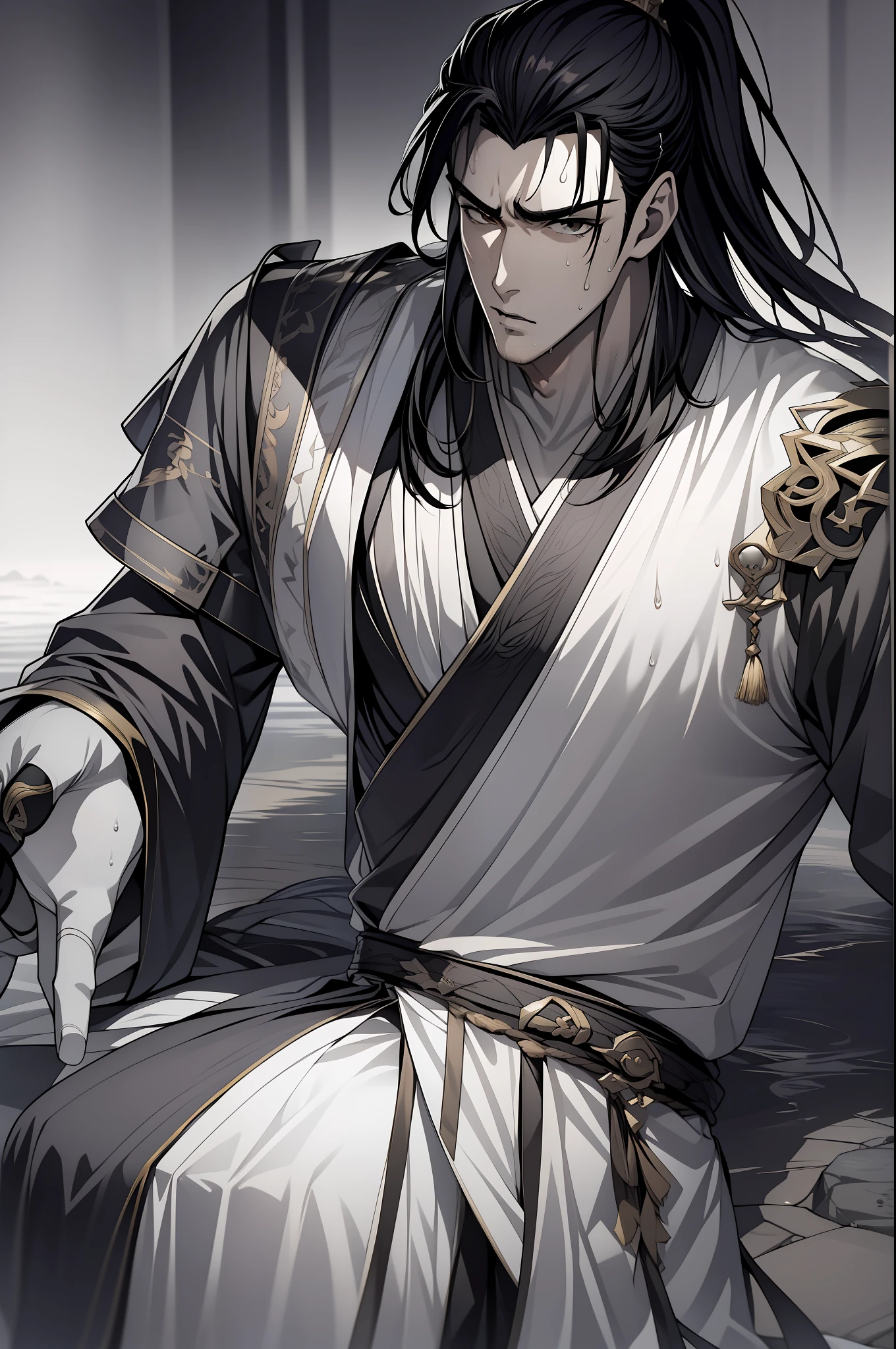 quadratic element,style of anime,1 man(Male Warrior),musculature,The proportions are correct,Face details,swordsmen,High ponytail hairstyle,perspired,Sweat on the face,drools,Neck details,There is an Adam's apple,Get wet,Drenched,Black Hanfu,kaftan,Embroidered robes,Black robe,clothes details,Handing over,longer sleeves,Game quality,Swordsmanship,Light and shadow tracking,Ray traching,detailed glow,cg render,hair detail,cabelos preto e longos,Golden eyes,Sweat on the face,Handsome,Handsome,Beads of sweat slipped down my neck,(juvenile sense),Clothing is complicated,Drenched,Get wet,Perfectcomposition,Refinement,high qulity,higher details,Lots of details,The background is complex,a sense of atmosphere,