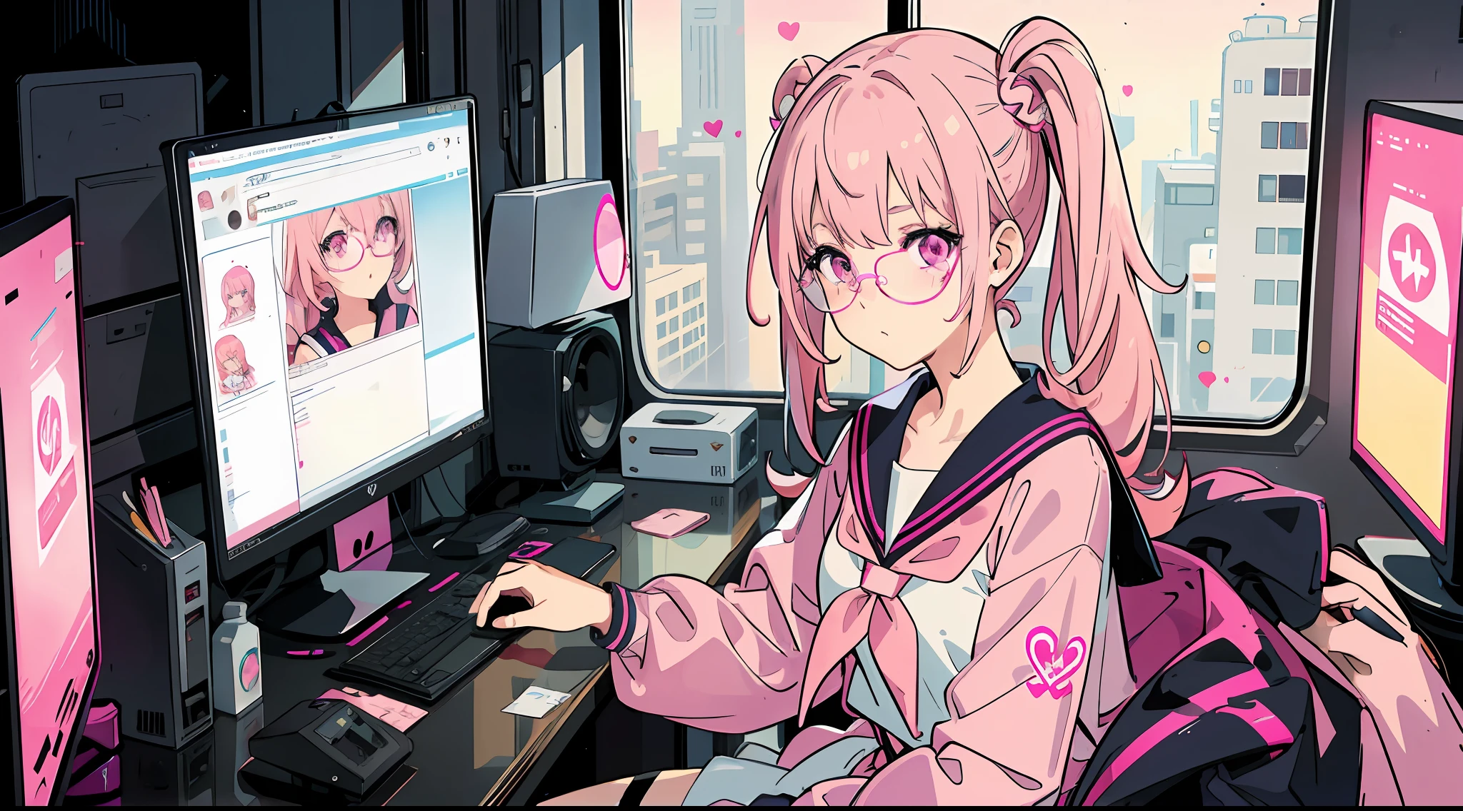 1girl in, Pink hair, Pink eyes, Glasses, Sailor Suit, Pink Cyberpunk, Room with many monitors, Pink fluorescent light
