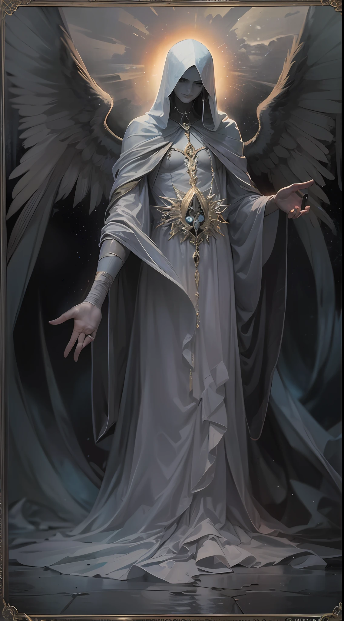 striking illustration of the Angel of Death, A mysterious and ethereal figure who guards the threshold between life and death. His presence is enigmatic and powerful..., ( alas inmensas que se extienden hacia el horizonte), ( mirada penetrante que transmite serenidad y temor: 1.1). (Fondo Neblina oscura), He uses cool tones and deep shadows to emphasize his ethereal nature and his connection to the realm of death......(dark ilumination), ( Ethereal lighting),(Spectral illumination)