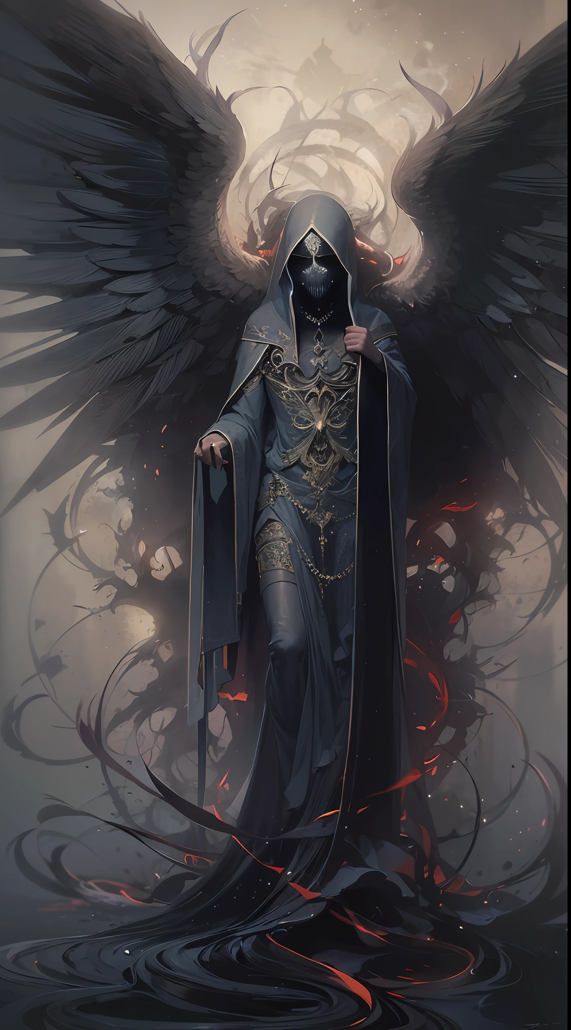 striking illustration of the Angel of Death, A mysterious and ethereal figure who guards the threshold between life and death. His presence is enigmatic and powerful..., ( alas inmensas que se extienden hacia el horizonte), ( mirada penetrante que transmite serenidad y temor: 1.1). (Fondo Neblina oscura), He uses cool tones and deep shadows to emphasize his ethereal nature and his connection to the realm of death......(dark ilumination), ( Ethereal lighting),(Spectral illumination)