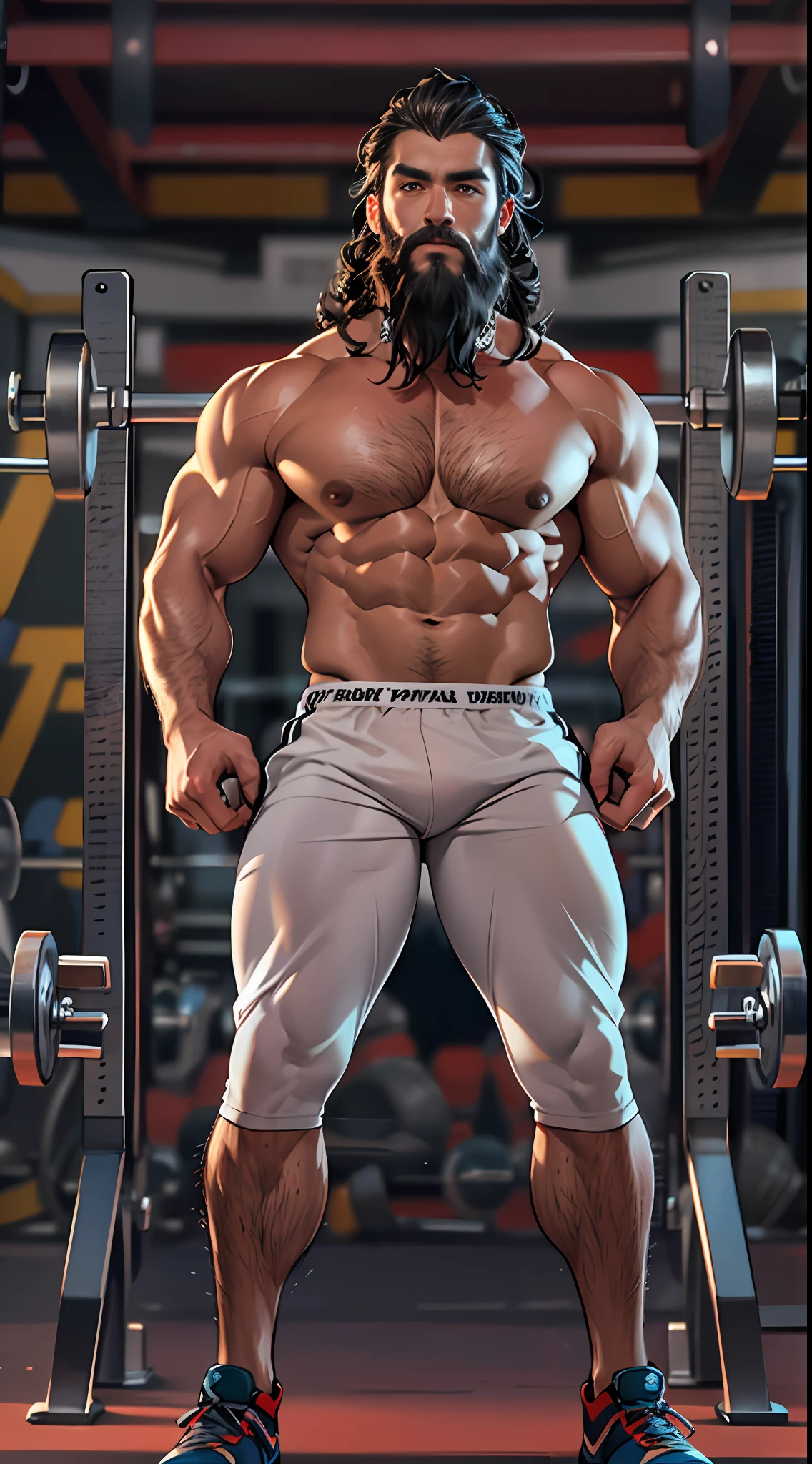 Robust athlete man, upper body revealed, legs uncovered from thighs to feet, bearded with beaded accents, flowing long curls, meticulous muscle definition, lifelike representation, 4K quality. Background: Gymnasium with weights and exercise equipment.,32k uhd, best quality, masterpiece, super detail, high details