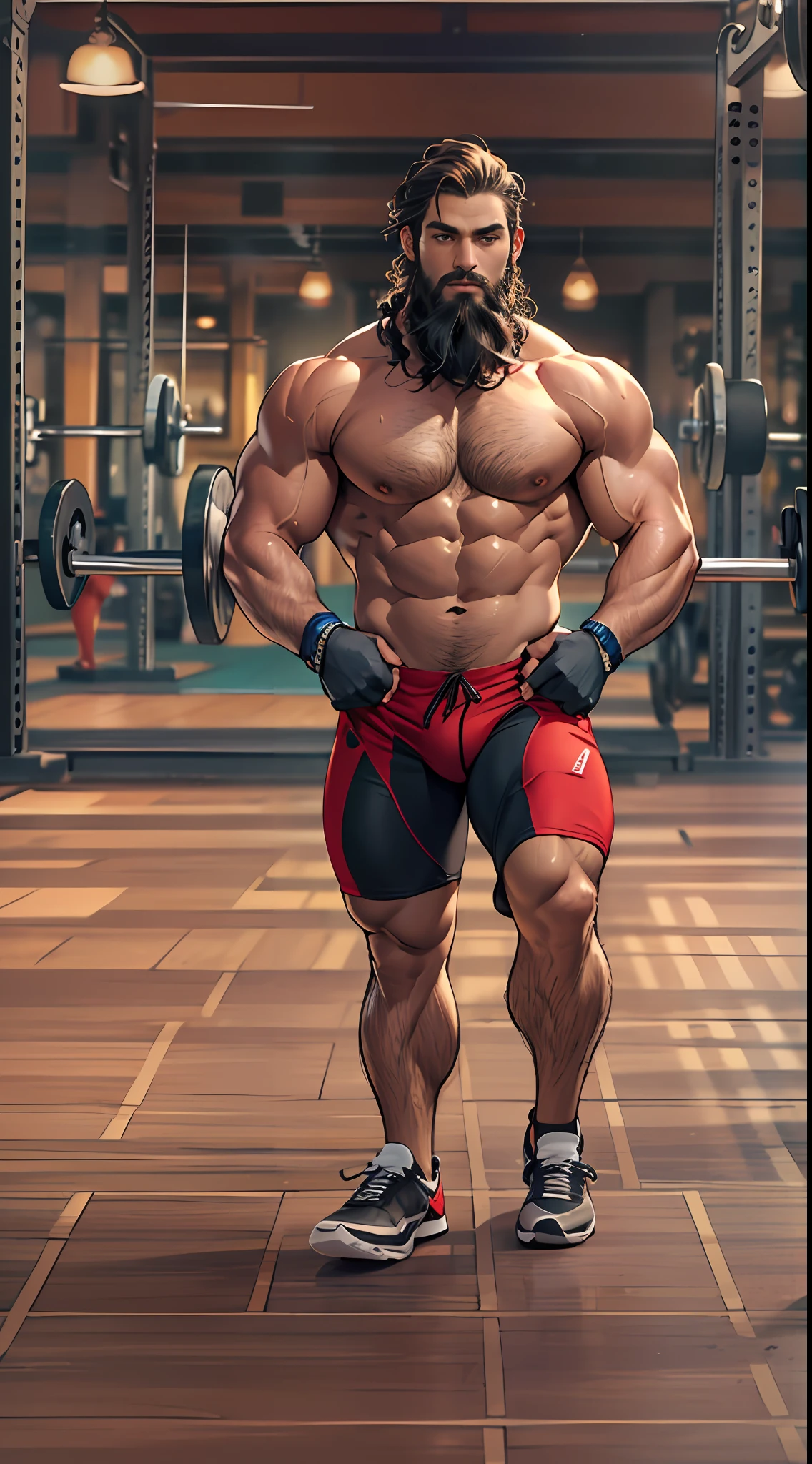 Robust athlete man, upper body revealed, legs uncovered from thighs to feet, bearded with beaded accents, flowing long curls, meticulous muscle definition, lifelike representation, 4K quality. Background: Gymnasium with weights and exercise equipment.,32k uhd, best quality, masterpiece, super detail, high details