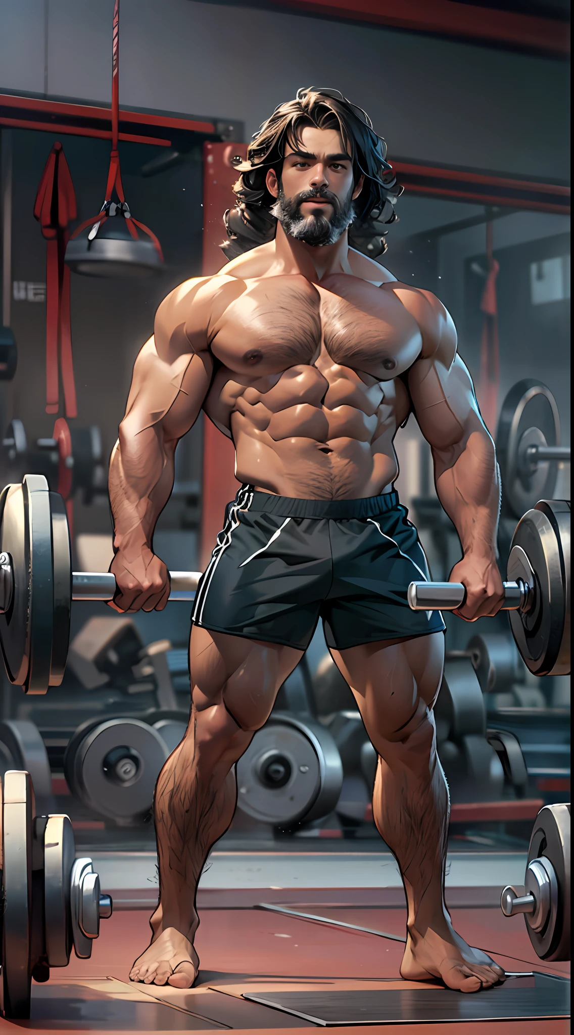 Robust athlete man, upper body revealed, legs uncovered from thighs to feet, bearded with beaded accents, flowing long curls, meticulous muscle definition, lifelike representation, 4K quality. Background: Gymnasium with weights and exercise equipment.,32k uhd, best quality, masterpiece, super detail, high details