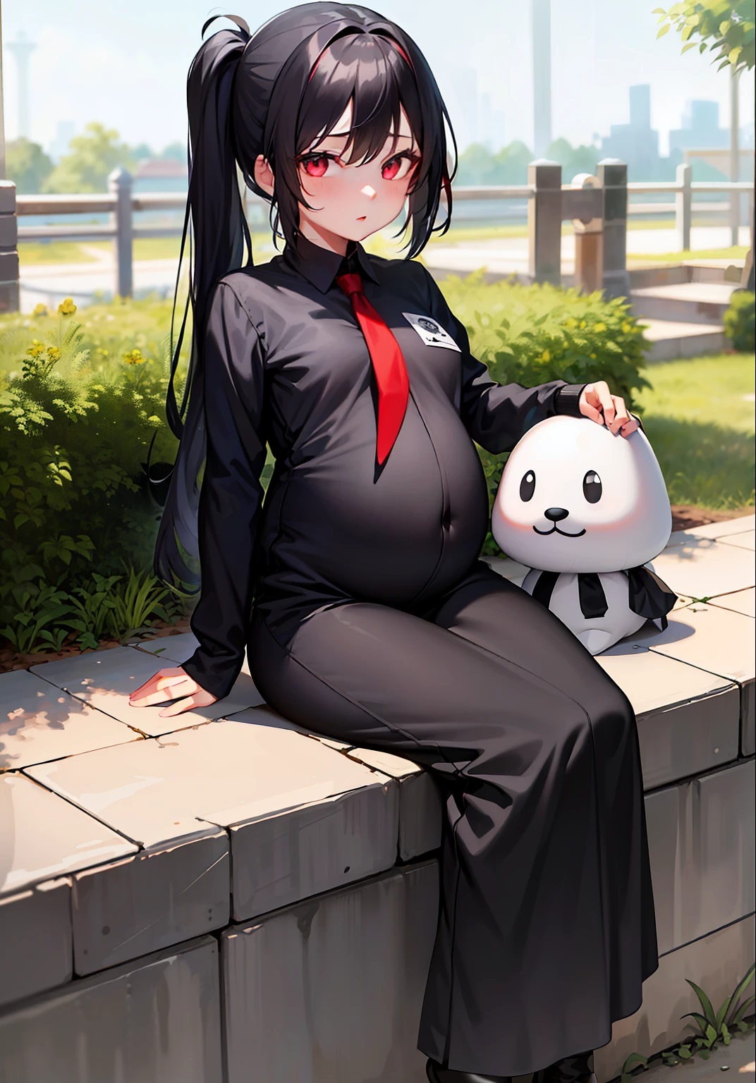 tmasterpiece,The best quality,A girl sits on a fence,Fusion,Adjust hair,red eyes,Gray hair,pony tails,grey eyelash,black uniforms,black glove,looking at the distance,look from down,Pregnant belly, maternity attire for pregnant women,maternity dress,pregnant belly,Pregnant belly