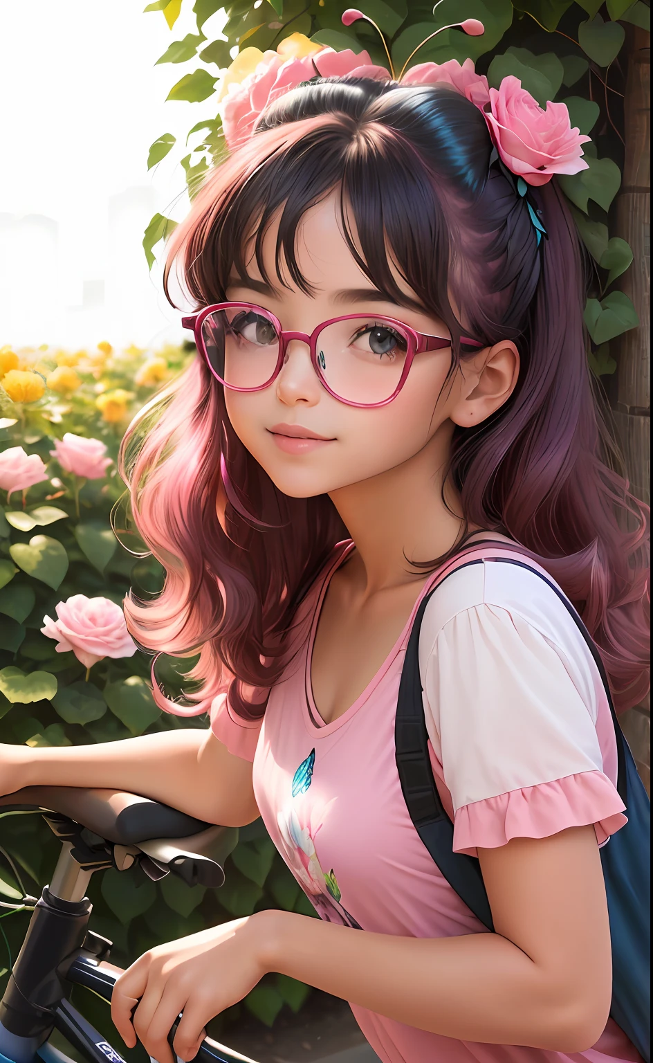 (highres, High lighting, 16k), red rimmed glasses, rosto longo, 1girl, Negra, rosto, rosto detalhado, olho azul, sentada em uma (bicicleta rosa com uma cesta na bicicleta repleta de flores cor de rosa no jardim, cabelo muito curto (encaracolado), She has a butterfly rosa on her head, rosto fechado, sol no meio-dia, sorriso, :), olhando para o espectador, medium distance - intensity above, vestido rosa)com muitas flores coloridas , olhos meio fechados,