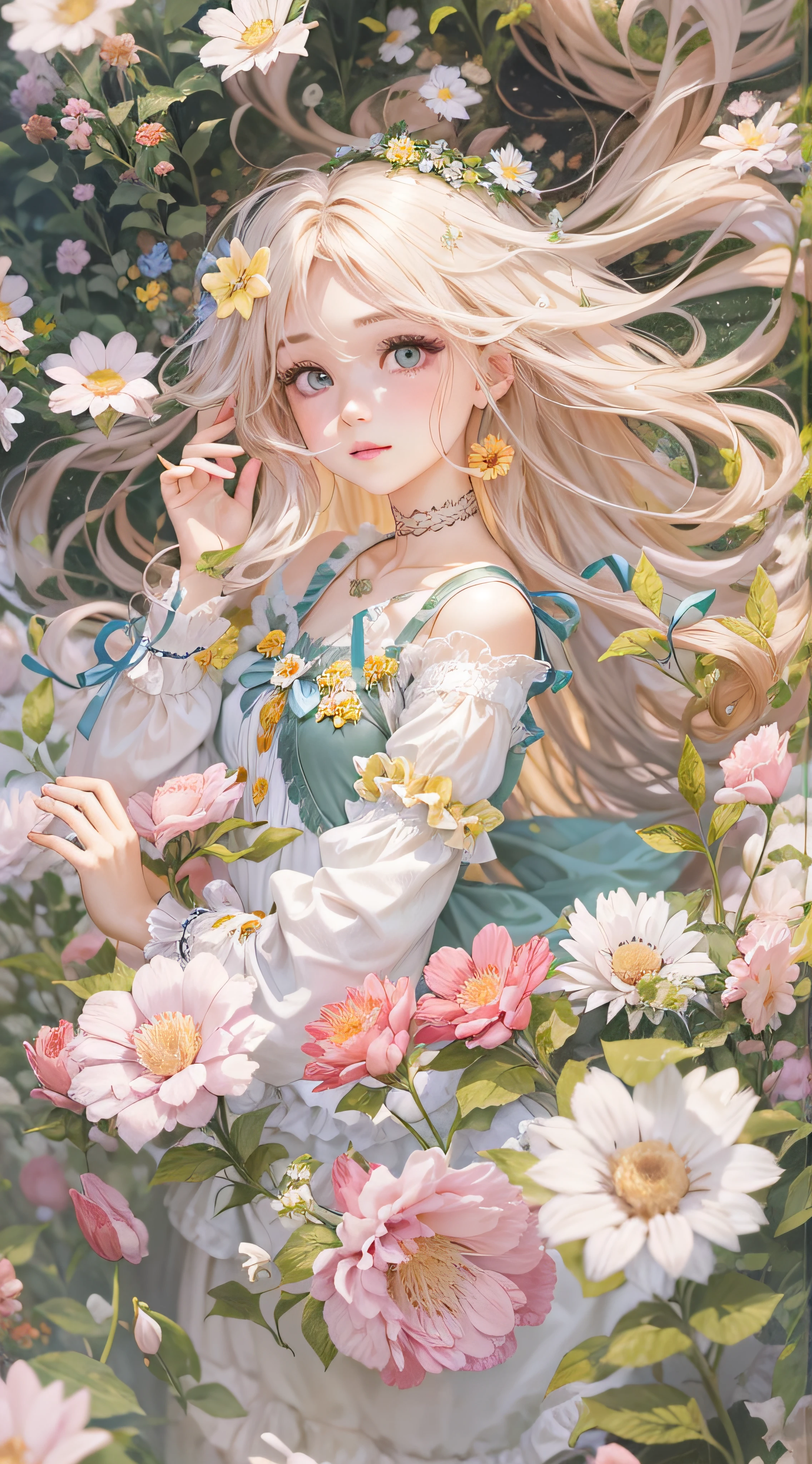 a beautiful girl, hair floating, in flower garden