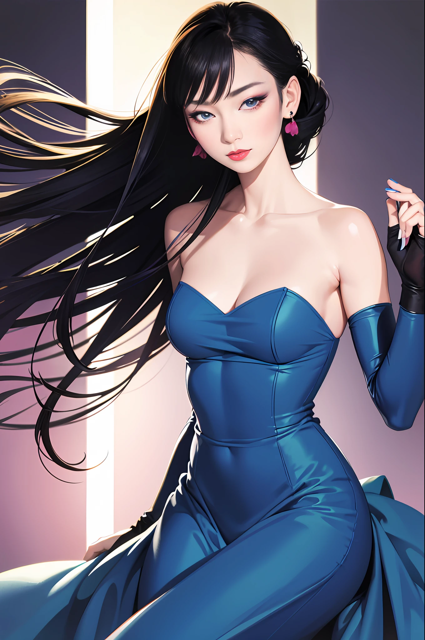 tsuruta ichiro, Narrow-eyed, 1girl in, Allback、shorth hair、brow、Reluctance、A dark-haired、Tucked Hair Solo, Cowgirl, Onepiece, ((mideum breasts)), Thin slit eyes、blue grey eyes, Random colored hair, gloves, Dress, Jewelry, earrings, sharp eye、globe, elbow groves,Raise your hands and tie your hair back, random color, random color dress, From Side, makeup, Slender eyes、lip stick, Complex petal pattern, Rim Light, Back Light, pastel color,