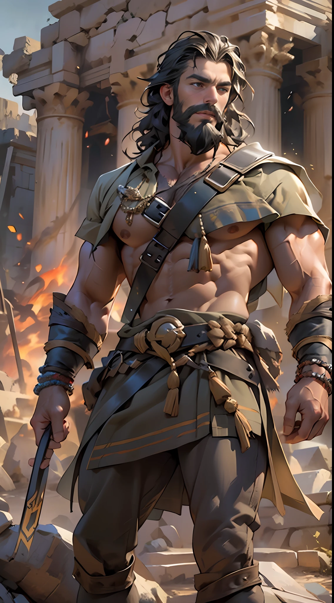 Sculpted hero, upper body uncovered, legs exposed from thighs to feet, bearded with beaded facial hair, luxuriant long curls, intricate muscularity, photorealistic portrayal, 4K resolution. Background: Epic battlefield with ancient ruins.,32k uhd, best quality, masterpiece, super detail, high details