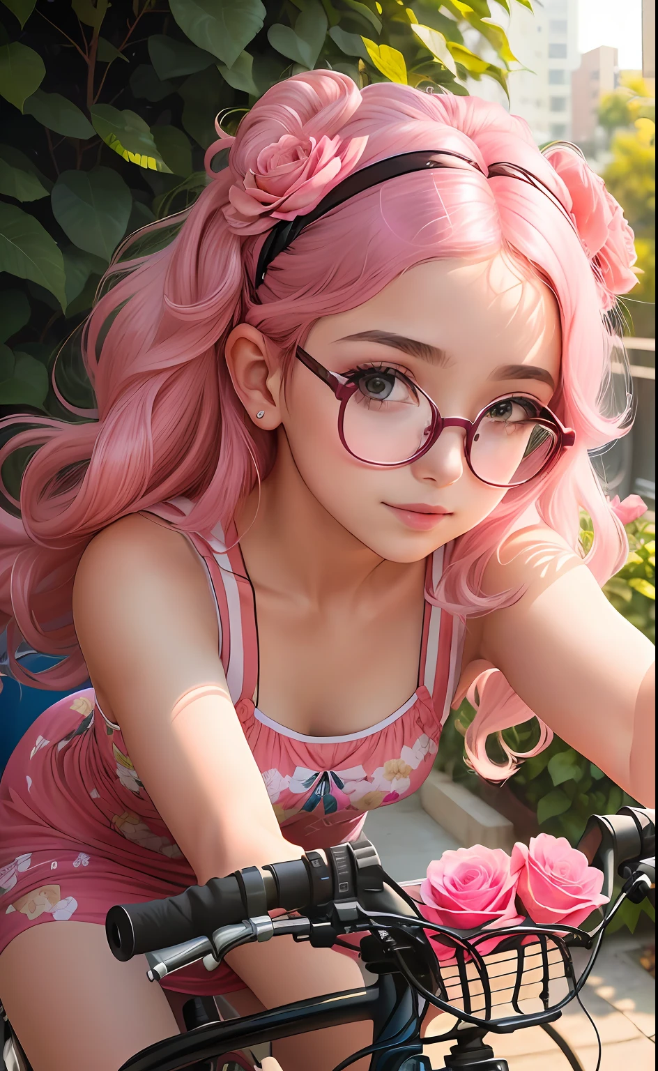 (highres, High lighting, 16k), red rimmed glasses, rosto longo, 1girl, Negra, rosto, rosto detalhado, olho azul, sentada em uma (bicicleta rosa com uma cesta na bicicleta repleta de flores cor de rosa no jardim, cabelo muito curto (encaracolado), She has a butterfly rosa on her head, rosto fechado, sol no meio-dia, sorriso, :), olhando para o espectador, medium distance - intensity above, vestido rosa)com muitas flores coloridas , olhos meio fechados,