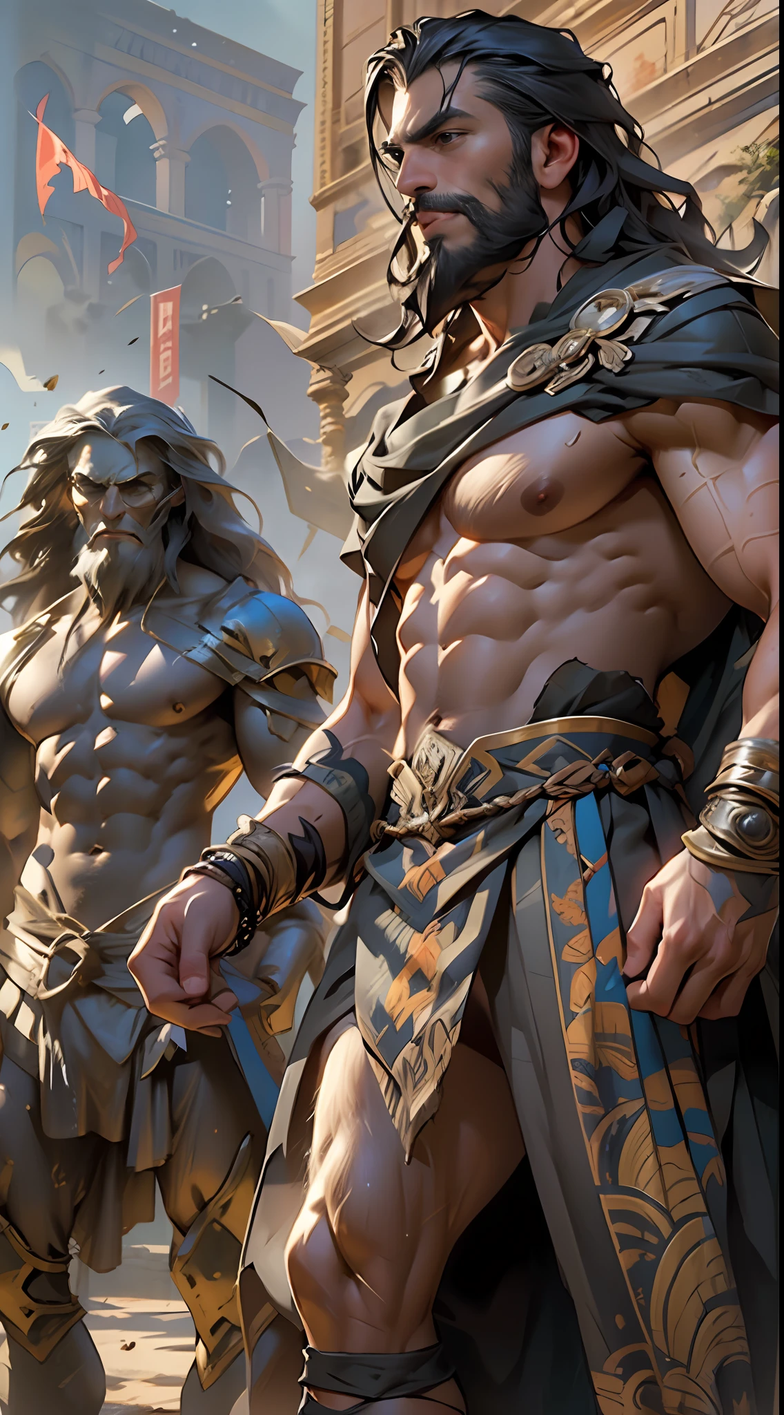 Sculpted hero, upper body uncovered, legs exposed from thighs to feet, bearded with beaded facial hair, luxuriant long curls, intricate muscularity, photorealistic portrayal, 4K resolution. Background: Epic battlefield with ancient ruins.,32k uhd, best quality, masterpiece, super detail, high details