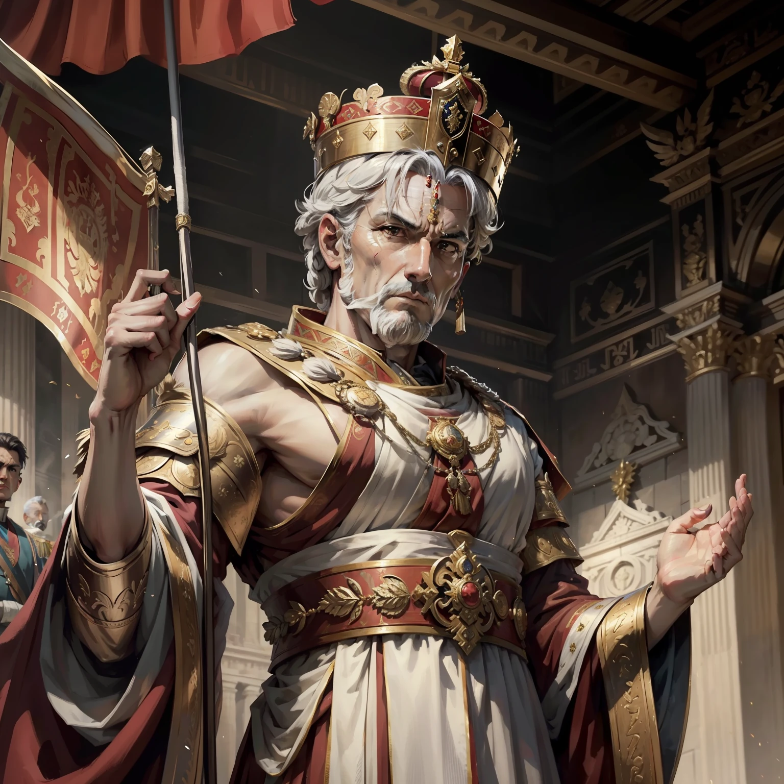 Create a stunning image of an emperor who resembles Julius Caesar, with striking facial features, como o nariz reto e um olhar penetrante, conveying his determination and charisma,Ilustre o imperador com uma toga romana e uma pose majestosa, evoking the image of Julius Caesar as a powerful and influential leader of ancient Rome,Create an artistic depiction of the emperor similar to Julius Caesar in a moment of glory, with a crown laureate on his head and holding a Roman standard, symbolizing his victory and triumph.
