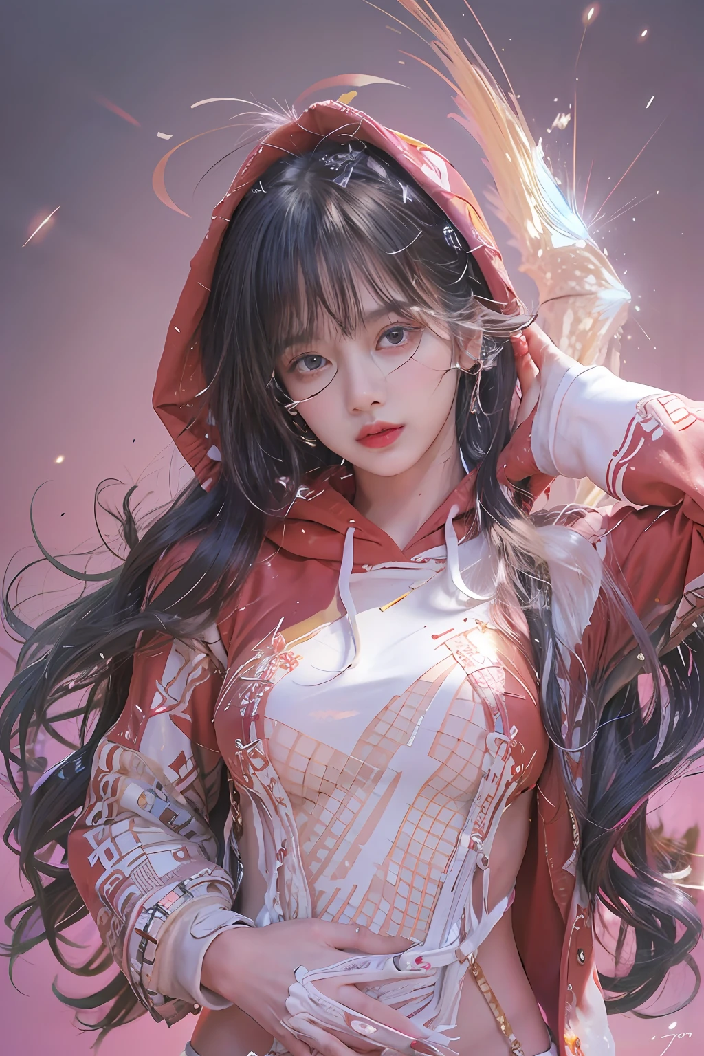 artstation original character, (masterpiece, Extremely detailed CG unity 8k wallpaper, best quality, highres:0.8), (ultra_detailed, UHD), perfect illumination, distinct, (1girl:1), (bishoujo:1.2), looking at viewer, cant be this cute, vivid color, (long hair, messy hair), unreal engine, (upper body, from front:1.2), sidelighting, perfect face, detailed face, bangs, lipstick, perfect body, beautiful eyes, pretty face, medium-large breast, (shiny skin:1.4), young girl, (hair ornament), (background(blood):1.1), hood,sweatshirt,long denim pants,Red eyes