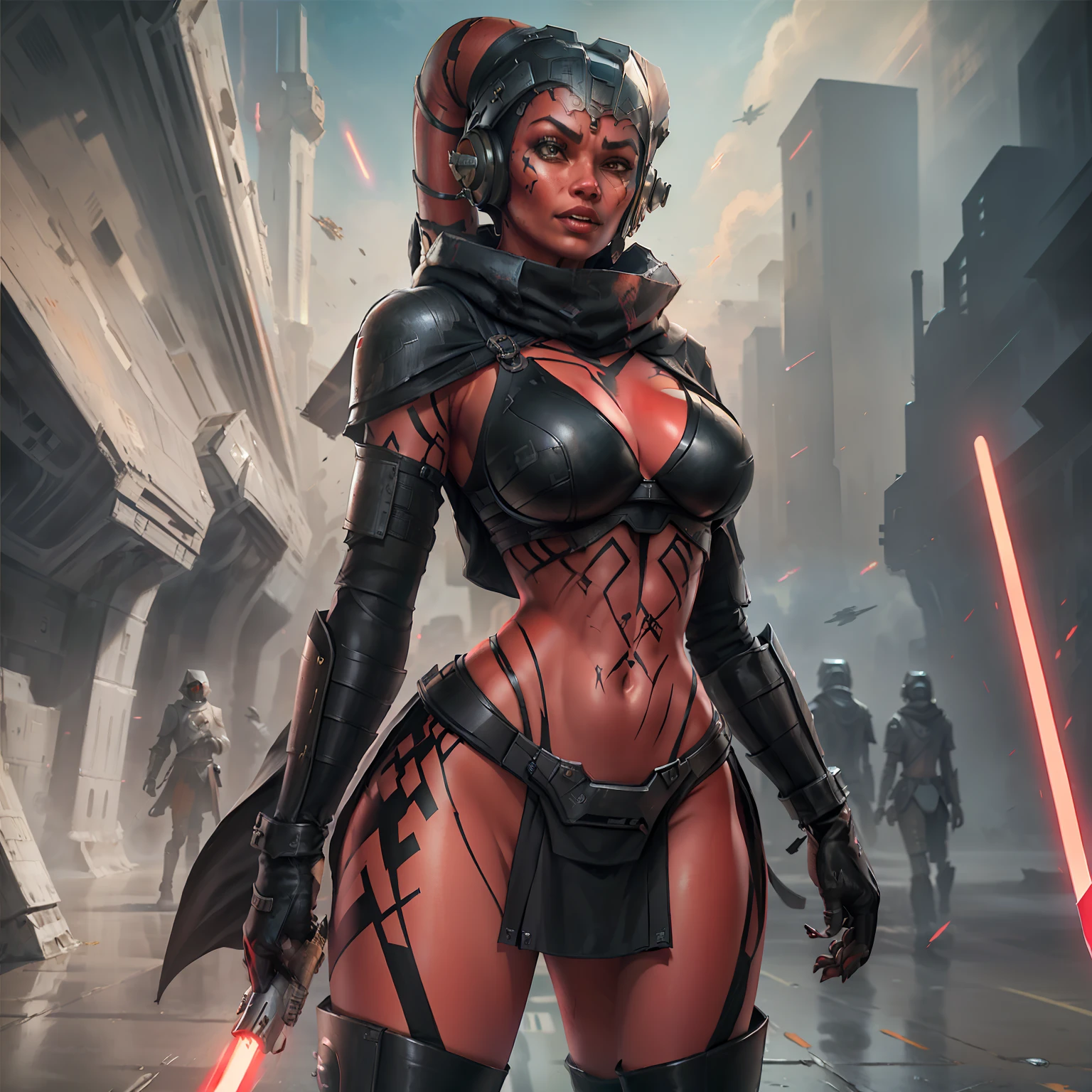 Twi'lek warrior wearing a full suit of black body armor, ((red skin), twi'lek), Sith Warrior, dual red lightsabers, evil space knight, space ninja, (wearing black stealth armor, breastplate, tunic, tabard, cowl, cloak, body glove, straps, buckles, long skirts, long sleeves, ((armor))), ((busty), slender body, thin, athletic, long legs, toned legs, Imperial warship, Star Wars,