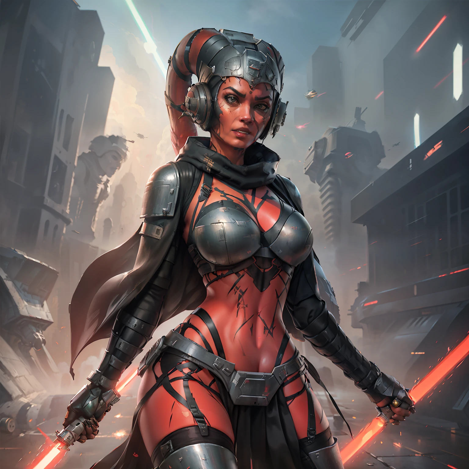 Twi'lek warrior wearing a full suit of black body armor, ((red skin), twi'lek), Sith Warrior, dual red lightsabers, evil space knight, space ninja, (wearing black stealth armor, breastplate, tunic, tabard, cowl, cloak, body glove, straps, buckles, long skirts, long sleeves, ((armor))), ((busty), slender body, thin, athletic, long legs, toned legs, Imperial warship, Star Wars,
