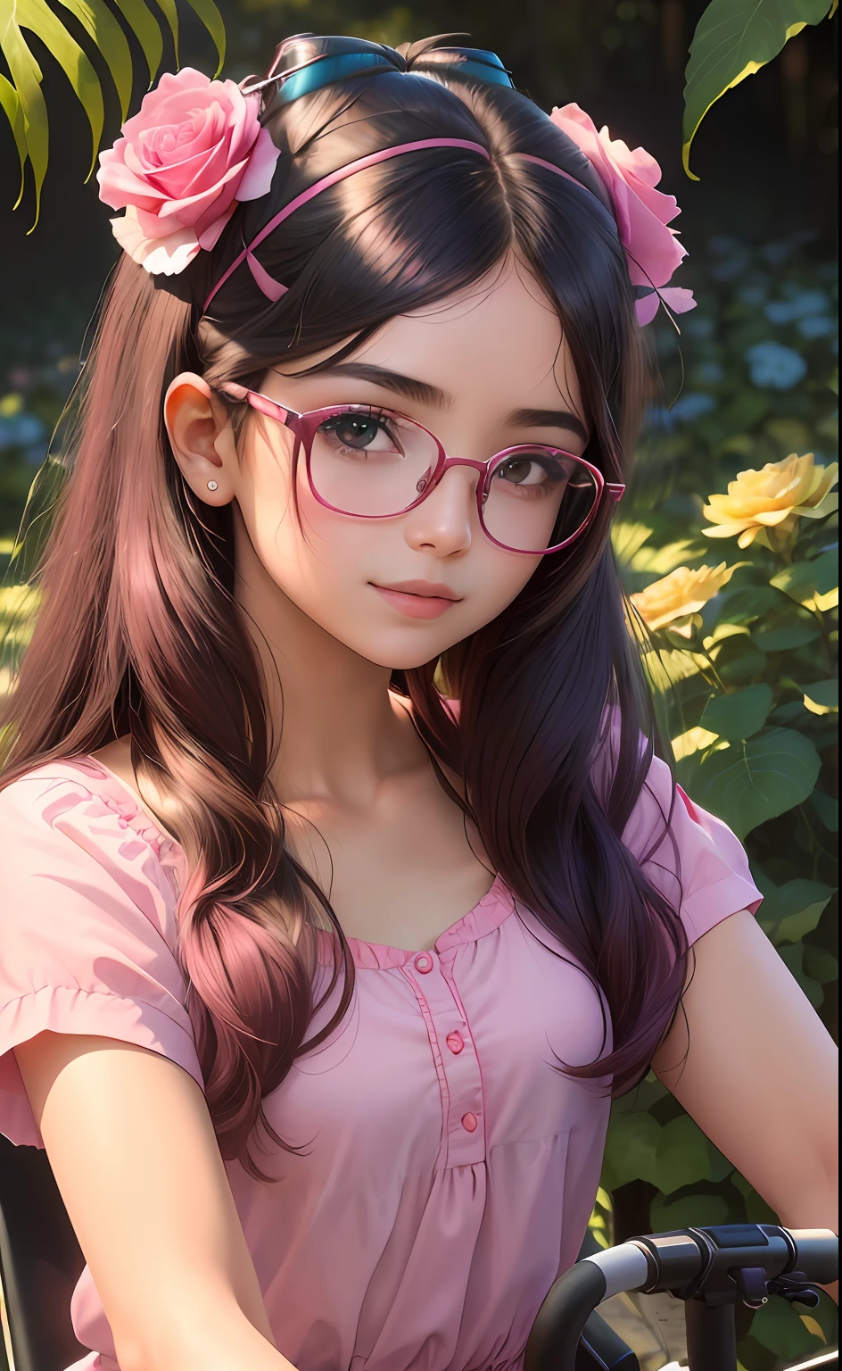 (highres, High lighting, 16k), red rimmed glasses, rosto longo, 1girl, Negra, rosto, rosto detalhado, olho azul, sentada em uma (bicicleta rosa com uma cesta na bicicleta repleta de flores cor de rosa no jardim, cabelo muito curto (encaracolado), She has a butterfly rosa on her head, rosto fechado, sol no meio-dia, sorriso, :), olhando para o espectador, medium distance - intensity above, vestido rosa)com muitas flores coloridas , olhos meio fechados,