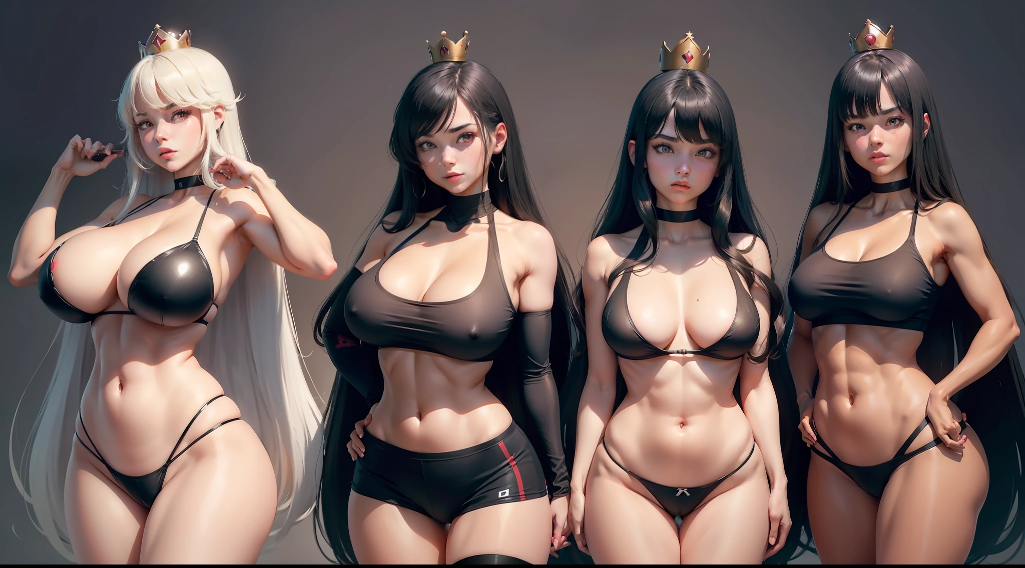 three girls, the bullet bill (from mario bros), with the crown from the peach transformation meme, transforms into a girl, athletic body, huge breasts, long black hair, straight bangs, crimson red eyes, wears a short tank top, showing off of her six pack abs, holding a bottle of water, while resting her other hand on her waist, 1 girl, perfect anatomy, pretty face, perfect hands, no extra arms or legs, 4k resolution, simple background, no extra limbs, no extra hands, no extra torsos, no extra hips, beautiful, fix anatomy.