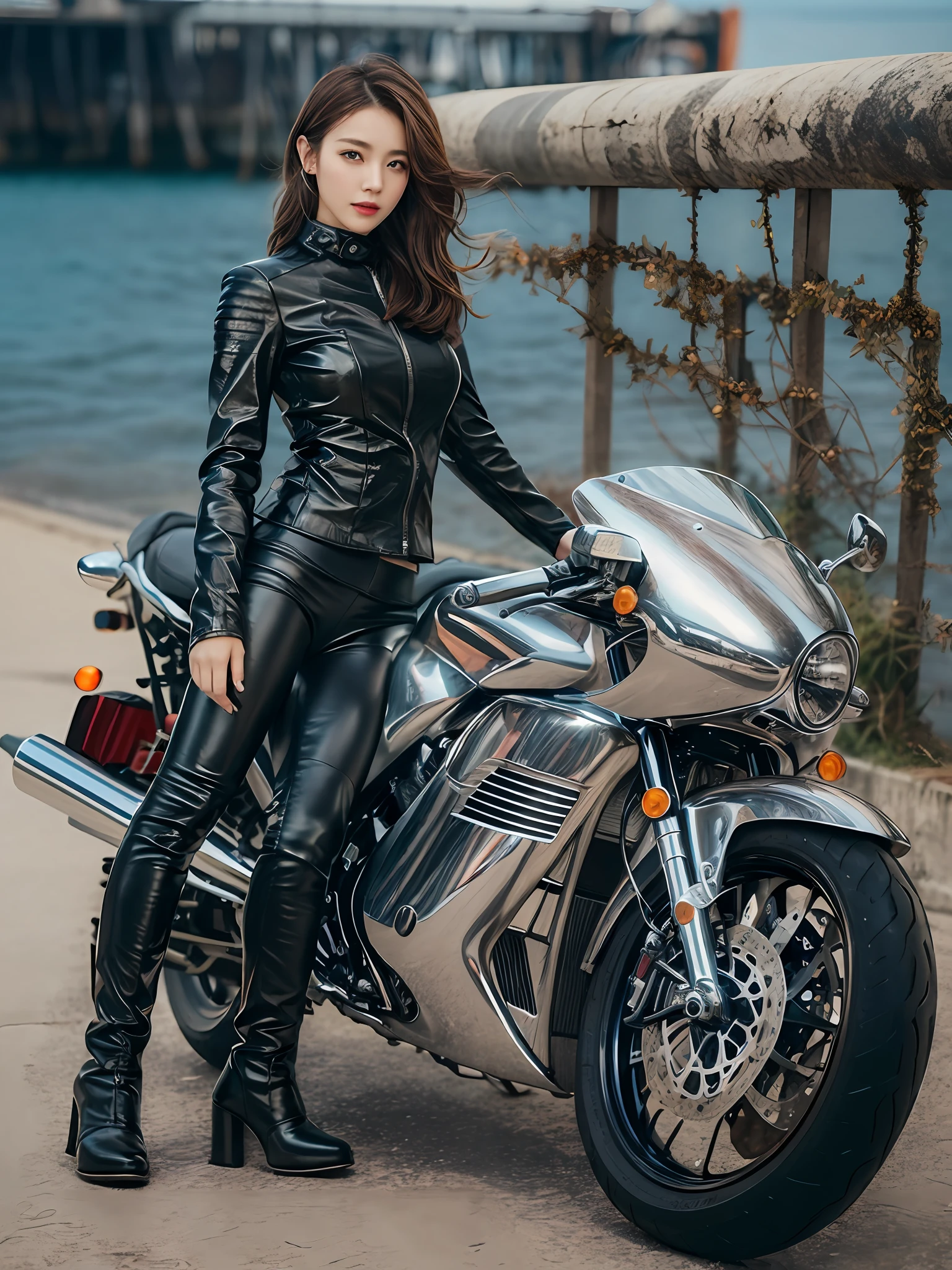 (masterpiece), full body shot, photo of the whole motorcycle, a Japanese pretty young woman, standing by a old traditional shiny metallic silver motorcycle at a wharf, glamorous shape, shoulder length shiny smooth light brown hair, wearing a leather black riding jacket, a shiny satin red bikini under the riding jacket, leather black riding gloves, a leather black pants, leather black high heel long boots, staring at night view over the sea, absolutely pretty face, (Double eyelids), Natural makeup, (long eyelashes), (Glossy Lips), 8K Resolution, high details, detailed hairstyle, Detailed Face, Black Eyes, elegantly, Epic, cinematic lighting, octane rendering, vibrant, Hyper realistic, fair skin, perfect limbs, perfect anatomy