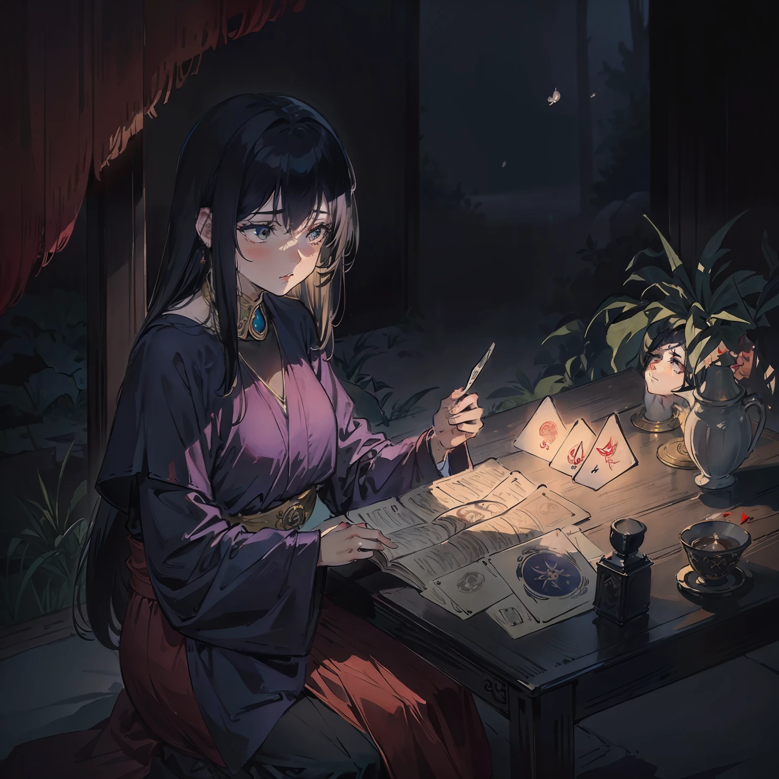 Mulher sentada em uma mesa, Jogando cartas de Tarot, soft-lighting, concentrated expression, mystic atmosphere, sombras sutis, cartas brilhantes, fundo escuro, touch of mystery,antigo.