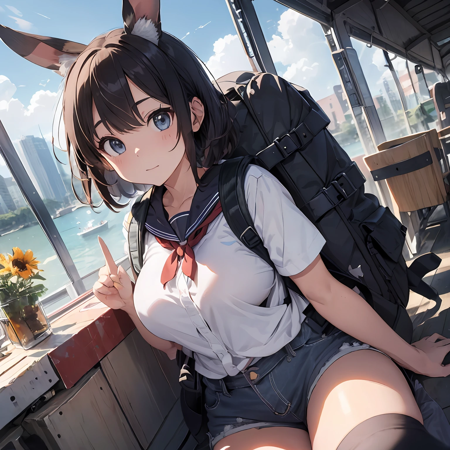 Flying in a helicopter、take a helicopter、See the view from the sky、skydiving、looking-down、夏天、Cropped sailor suit、Low Rise Denim Hot Pants、rucksack、Sun flower、Thick eyebrows、(Huge backpack:1.5)、Brown skin、small tits、flats、电影灯光、small tits、Rabbit ears、(masterpiece)、((top-quality))、(ultra-detailliert)、(in 8K)、shinny skin、Full Body Anime Girl、Clean and detailed anime face、High Resolution Anime Eyes、Five Fingers、textile shading、The perfect human structure、