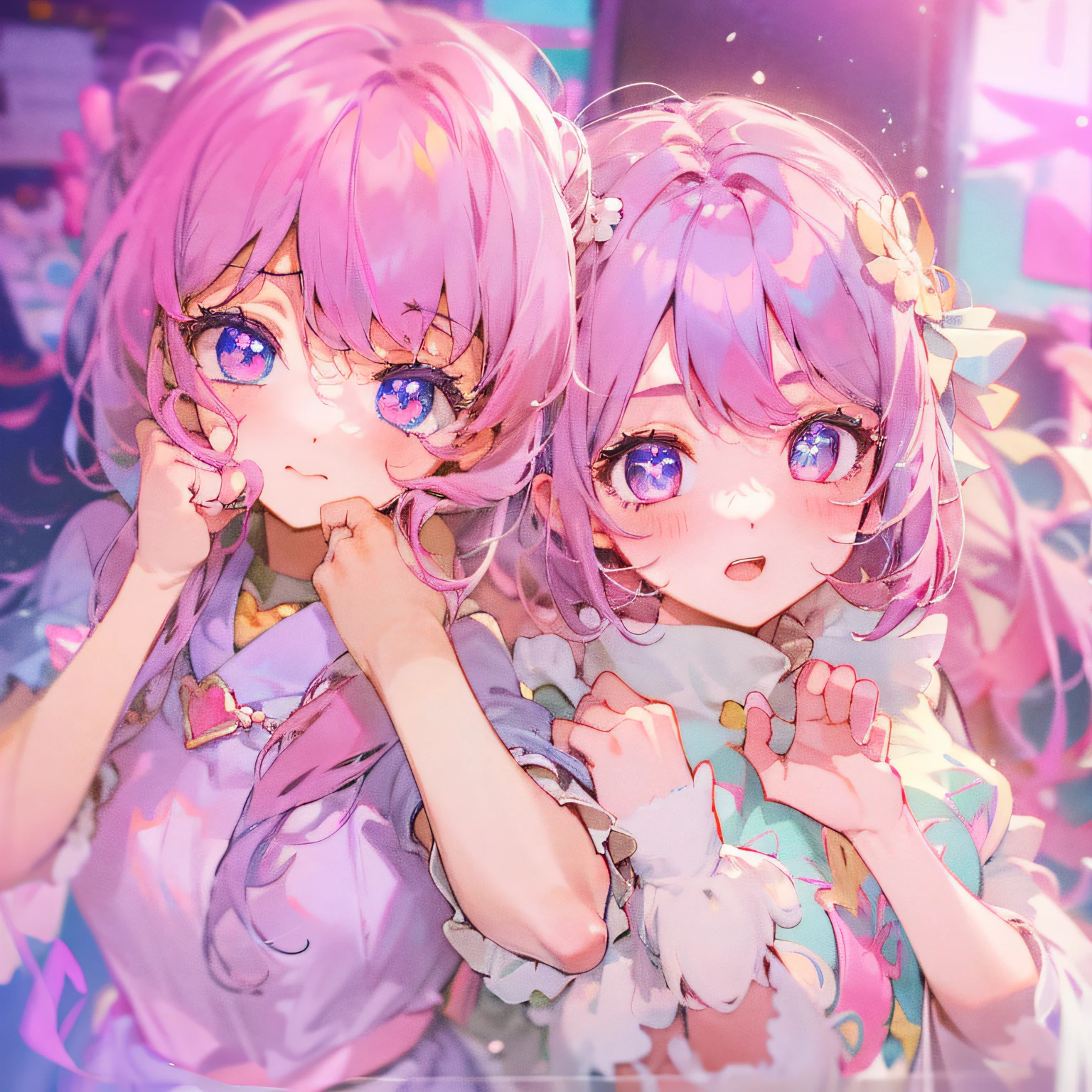 anime characters with pink hair and blue eyes are posing for a picture, DDLC, two beautiful anime girls, shirabii, Anime girls, zerochan art, Soft anime illustration, ecchi anime style, clean and meticulous anime art, Detailed digital anime art, style of anime4 K, shoujo romance, Anime art style, ahegao, Shoujo Manga