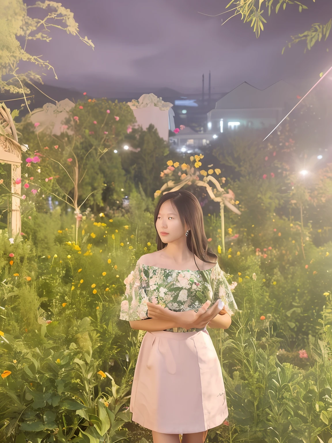 there is a woman standing in a garden with a green top, with ivy, in garden, profile image, profile picture, standing in a flower field, standing in flower field, standing in a botanical garden, night photo, mai anh tran, in the garden, 🤬 🤮 💕 🎀, 😭 🤮 💕 🎀, with flowers, with a garden