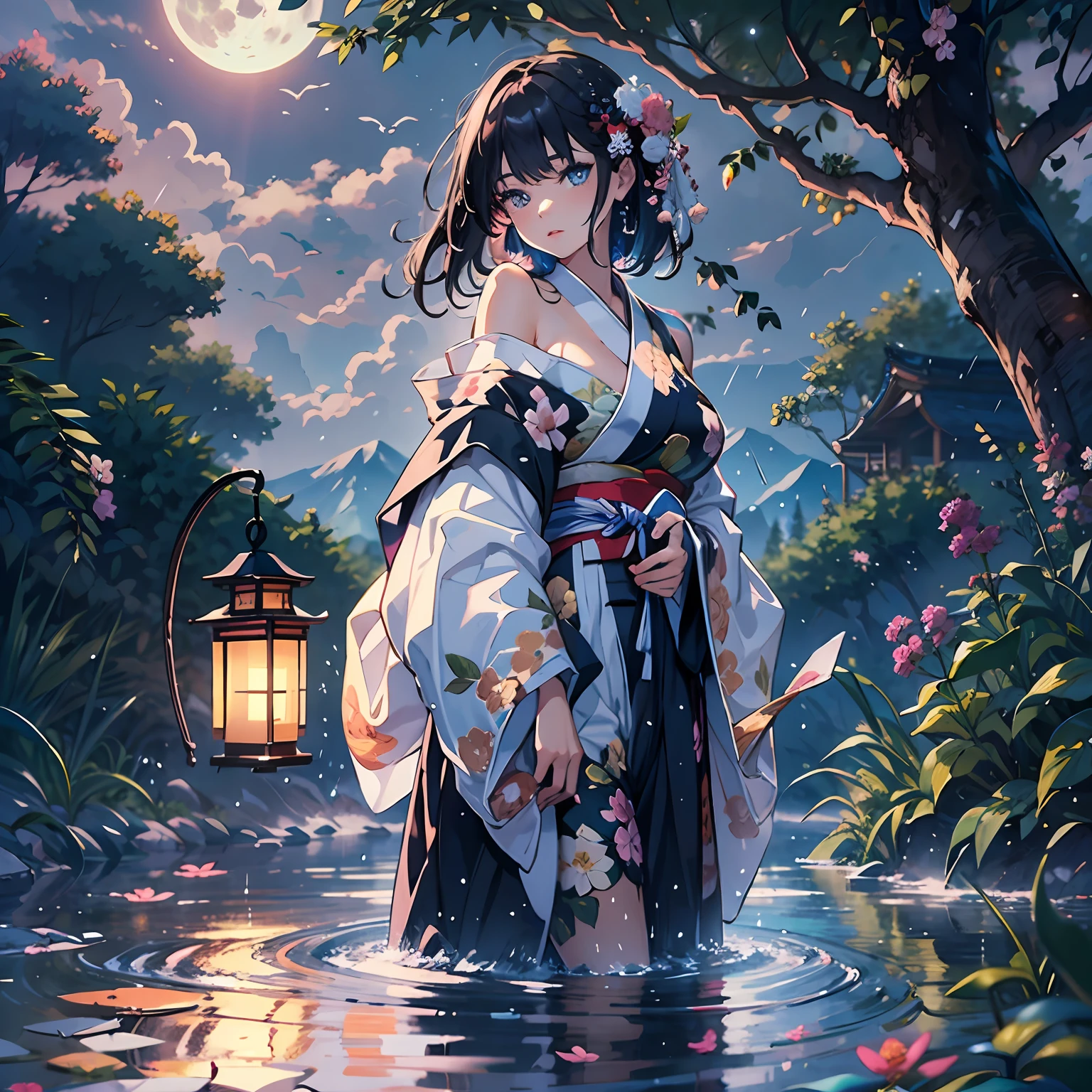 1girl, breasts, moon, lantern, night, solo, large breasts, hair ornament, wet, kimono, japanese clothes, wading, water, hair flower, flower, outdoors, sky, full moon, rain, black hair, off shoulder, mountain, cloud, holding, sash, bare shoulders, paper lantern, standing, white kimono, night sky, sideboob, obi, wet clothes, bangs, tree, from side, reflection, short hair, cloudy sky, wet hair (((masterpiece),(extremely detailed CG unity 8k wallpaper),best quality,,solo,1girl,cinematic lighting,detailed background,beautiful detailed eyes,bright pupils, (an extremely delicate and beautiful),(Beautiful and detailed eye description)， ultra-detailed,masterpiece,)),
