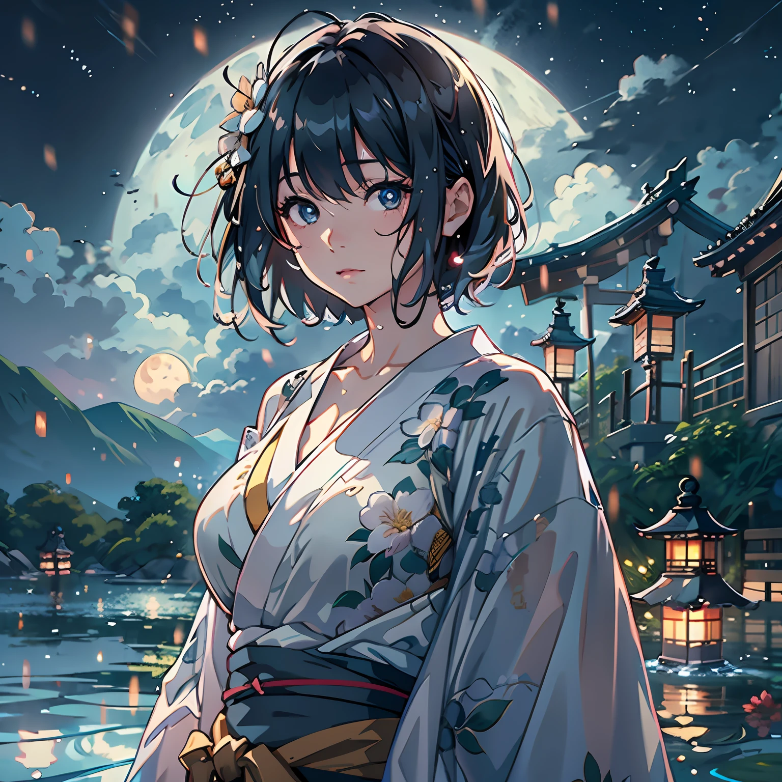 1girl, breasts, moon, lantern, night, solo, large breasts, hair ornament, wet, kimono, japanese clothes, wading, water, hair flower, flower, outdoors, sky, full moon, rain, black hair, off shoulder, mountain, cloud, holding, sash, bare shoulders, paper lantern, standing, white kimono, night sky, sideboob, obi, wet clothes, bangs, tree, from side, reflection, short hair, cloudy sky, wet hair (((masterpiece),(extremely detailed CG unity 8k wallpaper),best quality,,solo,1girl,cinematic lighting,detailed background,beautiful detailed eyes,bright pupils, (an extremely delicate and beautiful),(Beautiful and detailed eye description)， ultra-detailed,masterpiece,)),