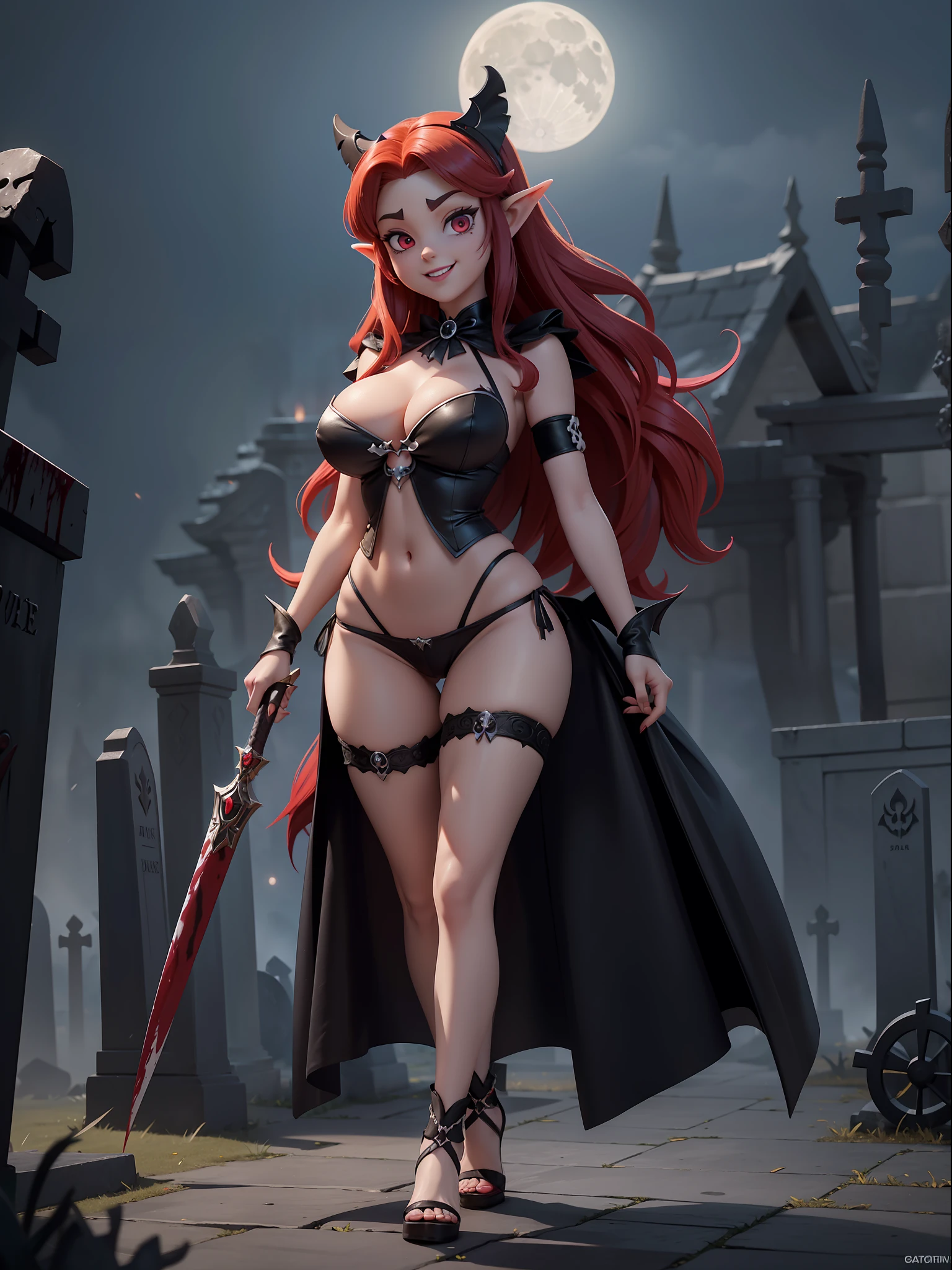 Princess Zelda Rogue, wearing extremely sexy black maid costume with extremely tight white shorts and tight on the body, extremely sensual, ((blood on the body and on the floor)), she has large bat wings, exaggeratedly large breasts, very sensual body, looking at the viewer, smiling, doing sensual pose leaning against a tombstone, short red mohawk hair, sparkling red eyes, macabre graveyard, is at night, fog, skulls on the ground, tombstones, terrifying weather, a full moon in the sky, (((full body))), 16k, UHD, Better quality, better resolution, better detail
